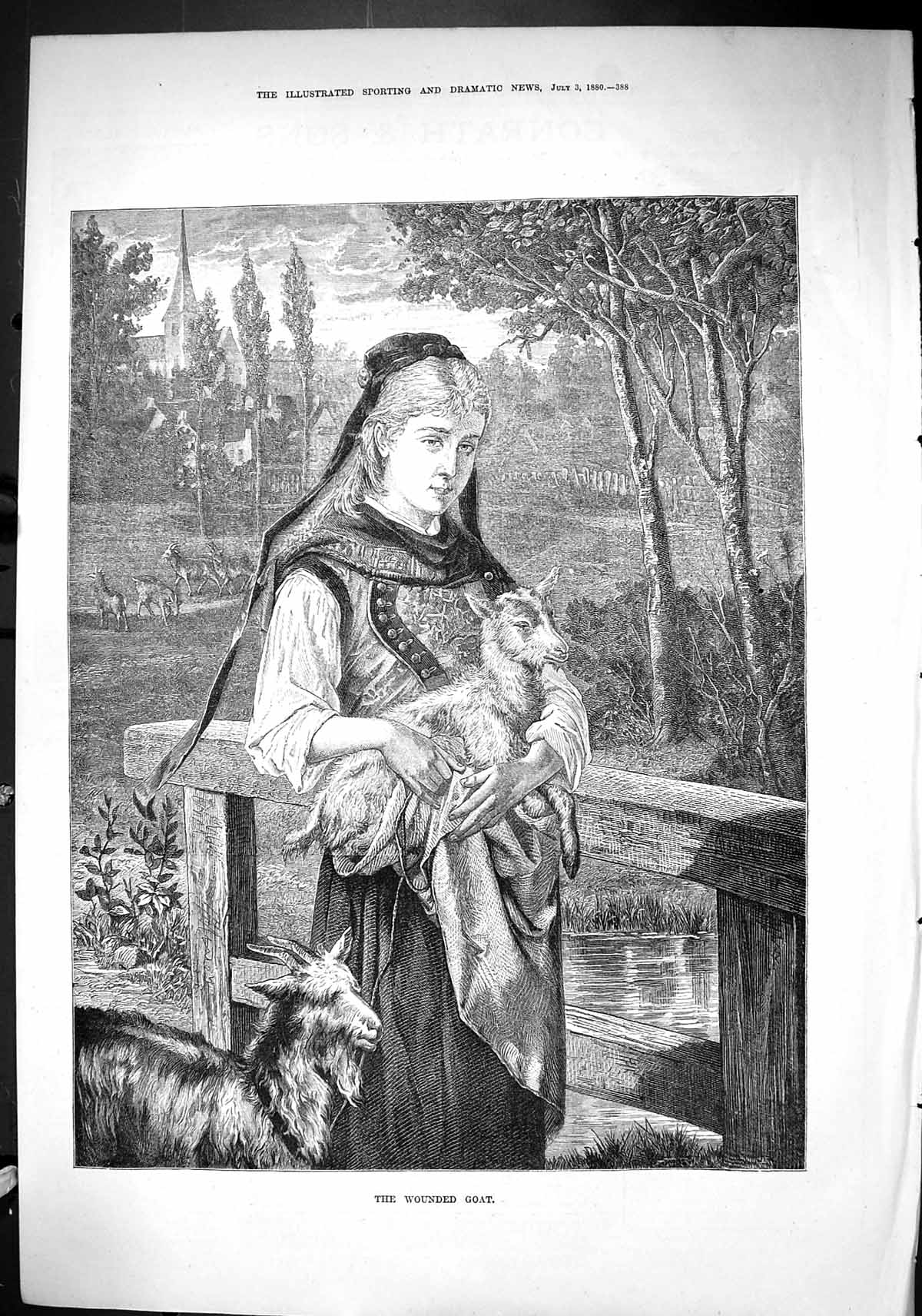 Antique Old Print Sporting Dramatic News 1880 Wounded Goat Lady Stream Bridge