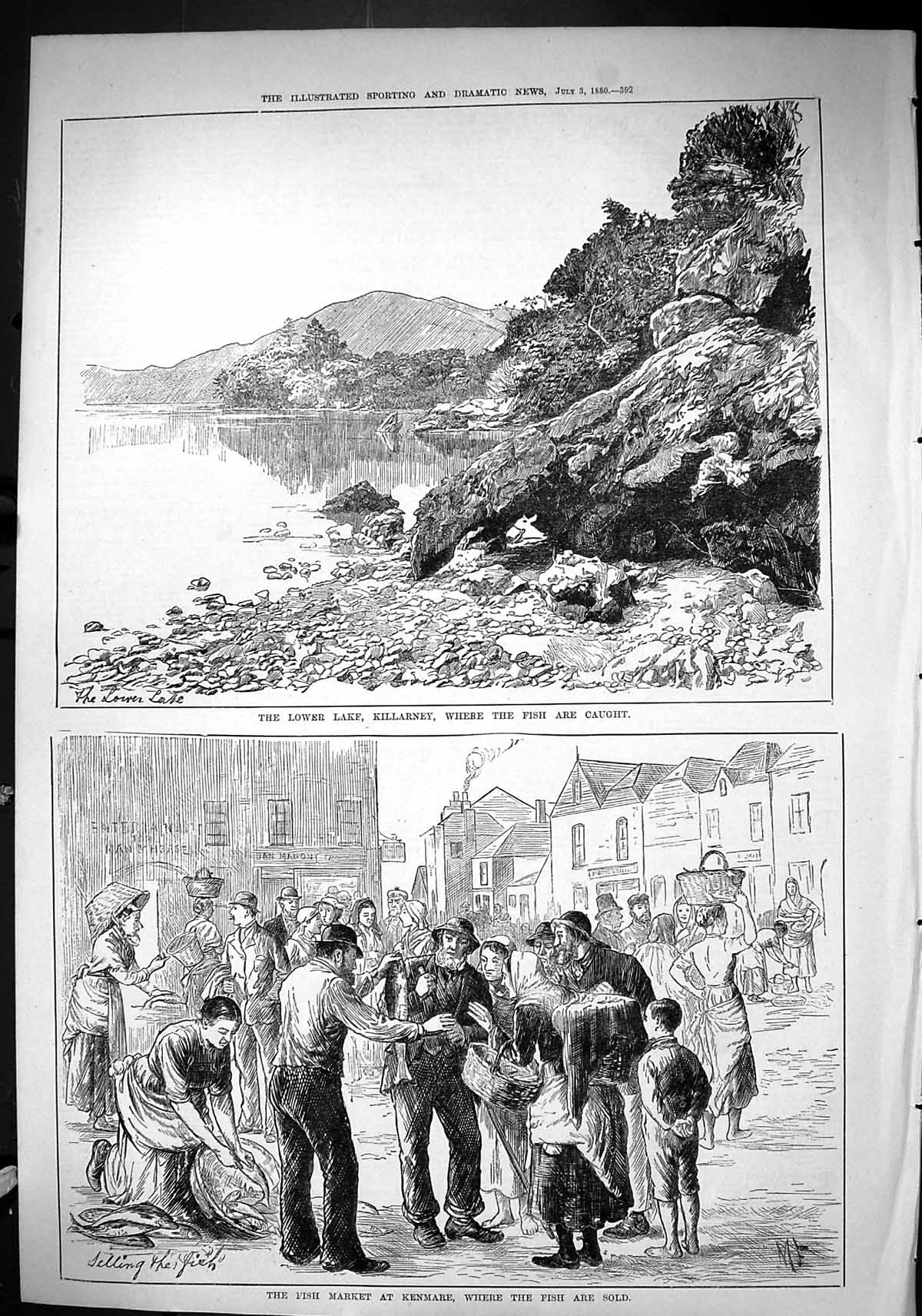 Antique Print 1880 Lower Lake Killarney Selling Fish Market Kenmare Ireland