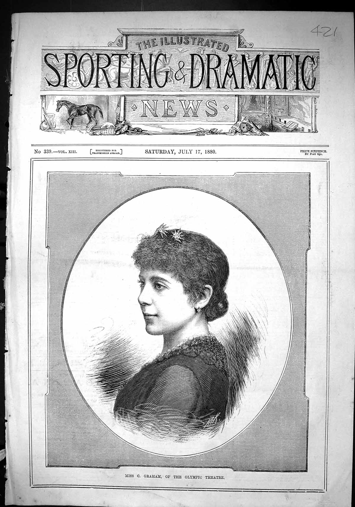 Old Antique Print Sporting Dramatic News 1880 Miss Graham Olympic Theatre 19th