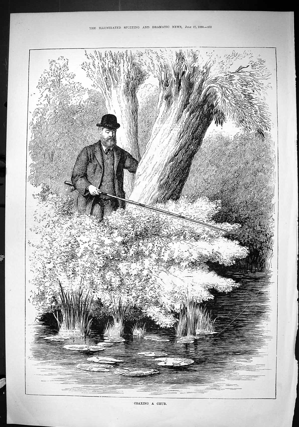 Old Sporting Dramatic News 1880 Coaxing Chub Fishing Angler River Spo Victorian