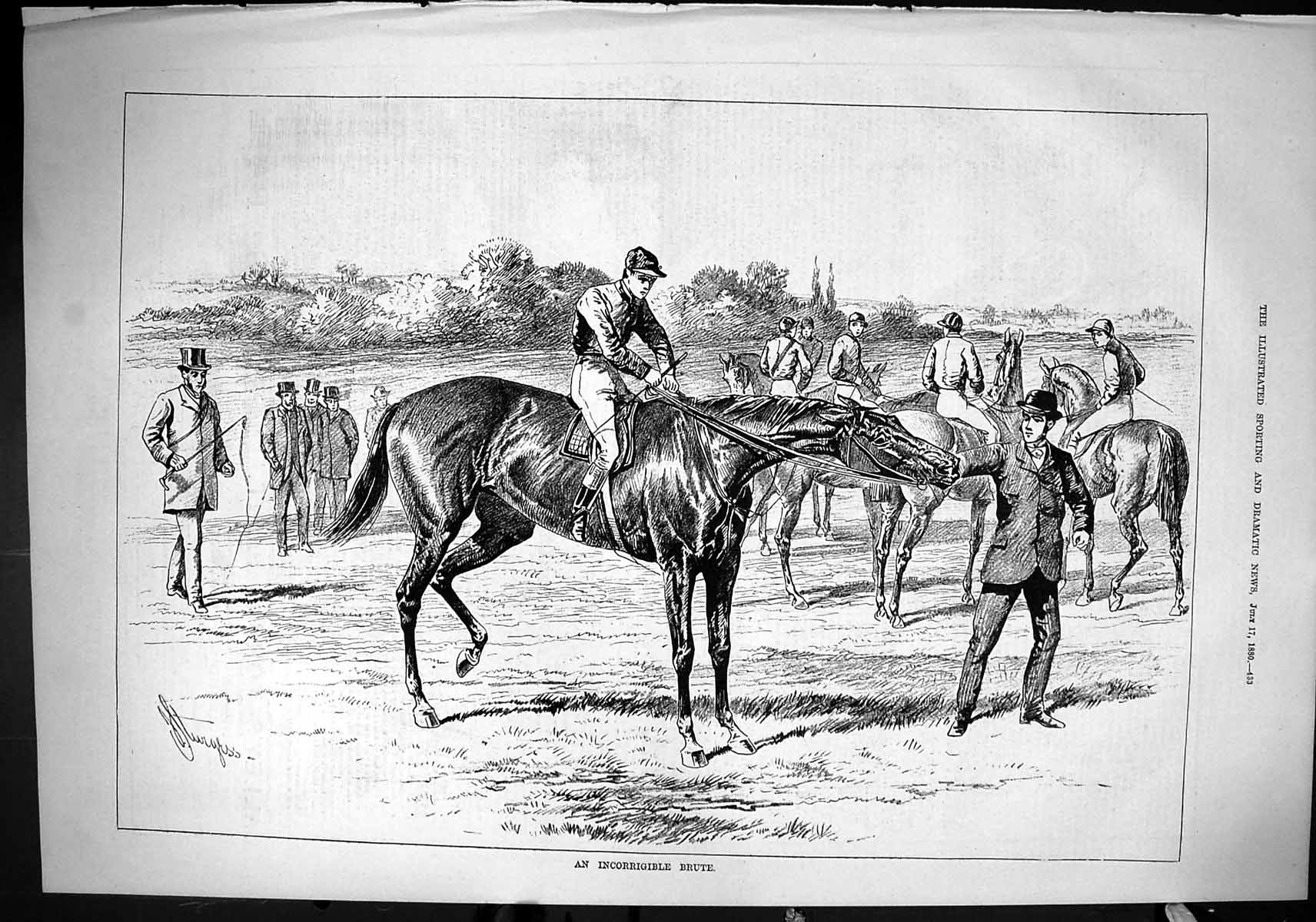 Old Sporting Dramatic News 1880 Incorrigible Brute Race Horse Jockeys Victorian