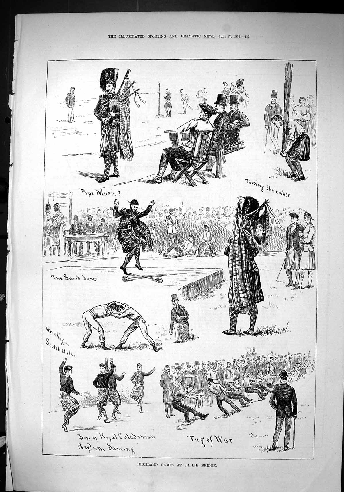 Old 1880 Highland Games Lillie Bridge Tossing Caber Sword Dance Pipe Victorian