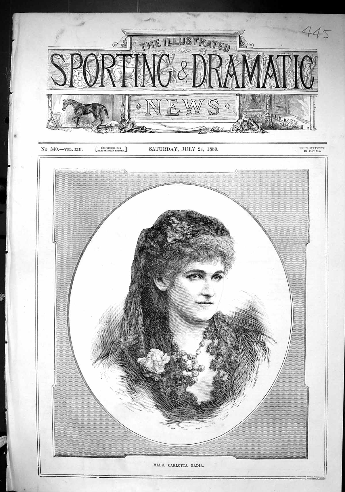 Antique Old Print Sporting Dramatic News 1880 Portrait Mlle. Carlotta Radia