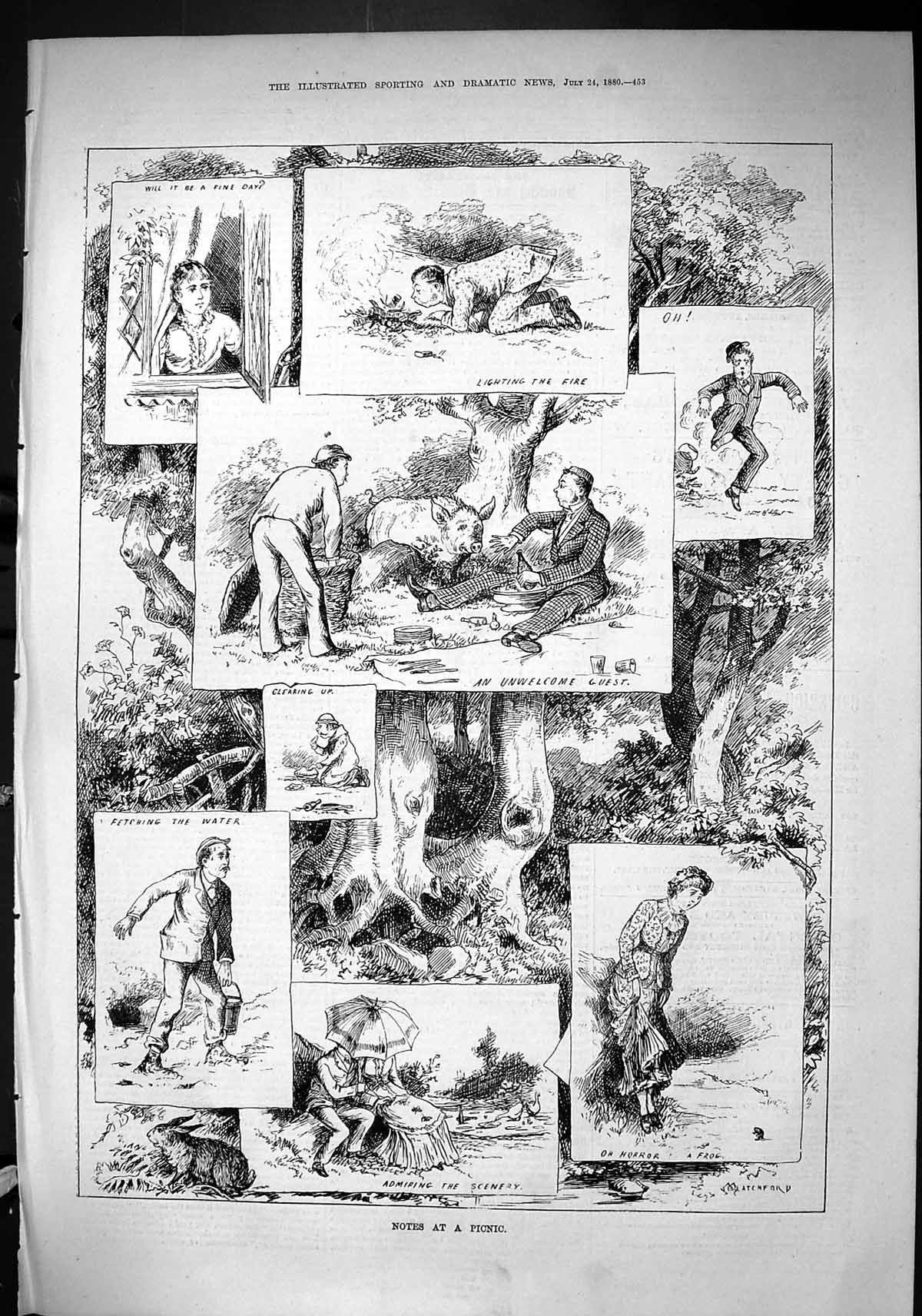 Old Sporting Dramatic News 1880 Picnic Scene Fetching Water Romance F Victorian