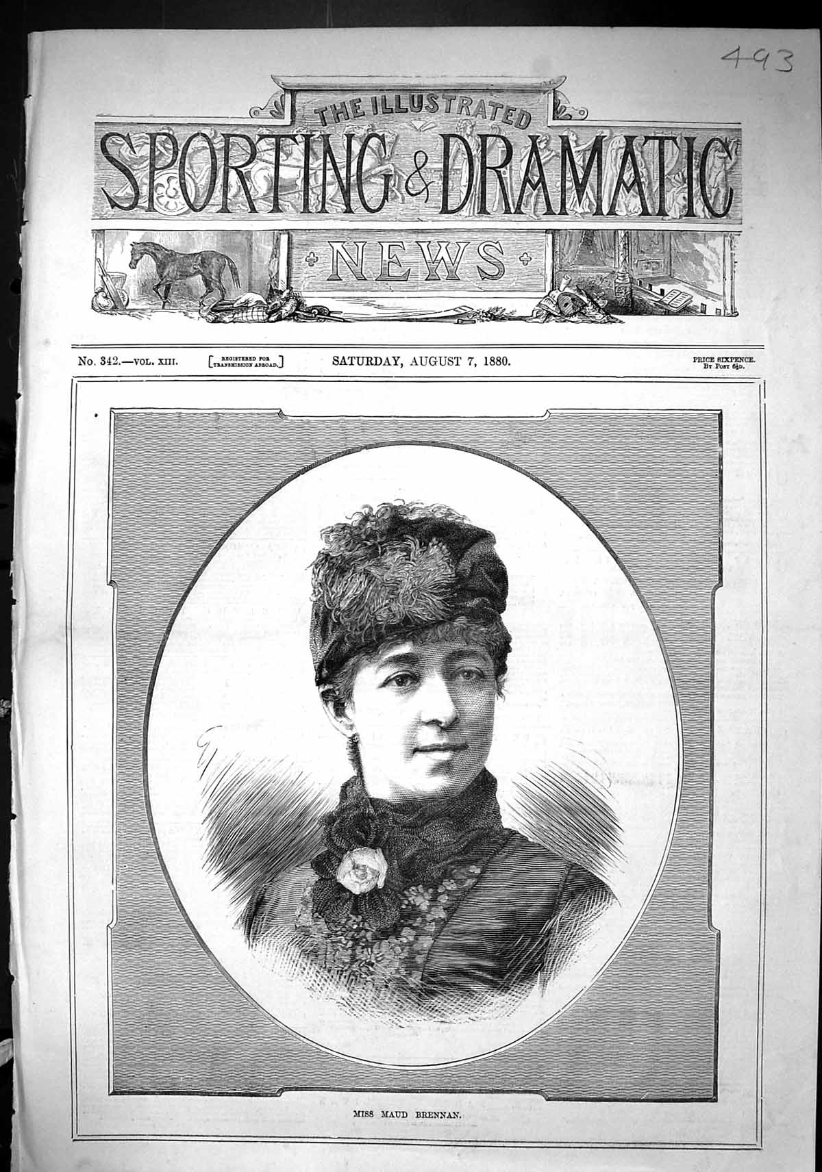 Antique Old Print Sporting Dramatic News 1880 Portrait Miss Maud Brennan Lady