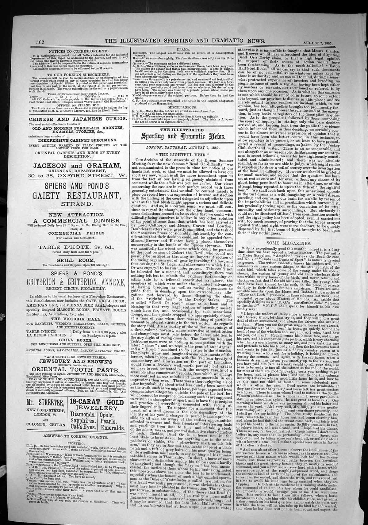 Old Sporting Dramatic News 1880 Joseph Dawson Steam Yacht Pandora Shi Victorian