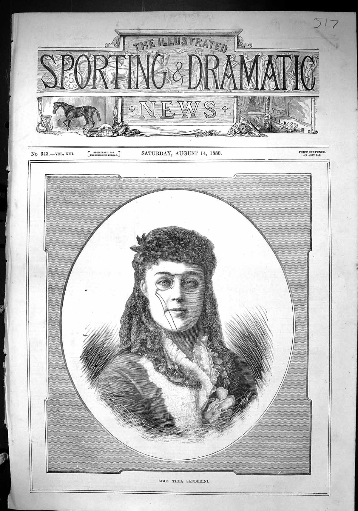 Antique Print Sporting Dramatic News 1880 Portrait Mme. Thea Sanderini Lady