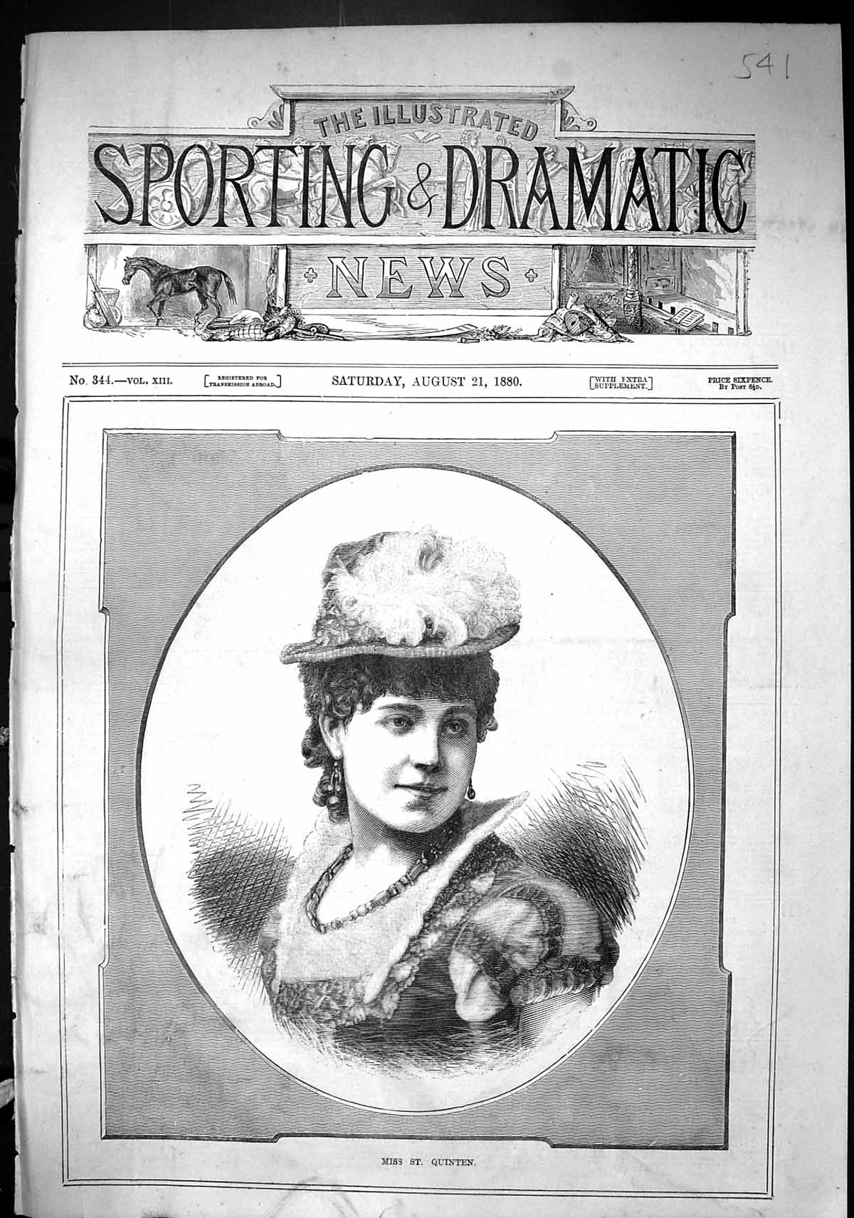 Antique Old Print Sporting Dramatic News 1880 Portrait Miss St. Quinten Lady
