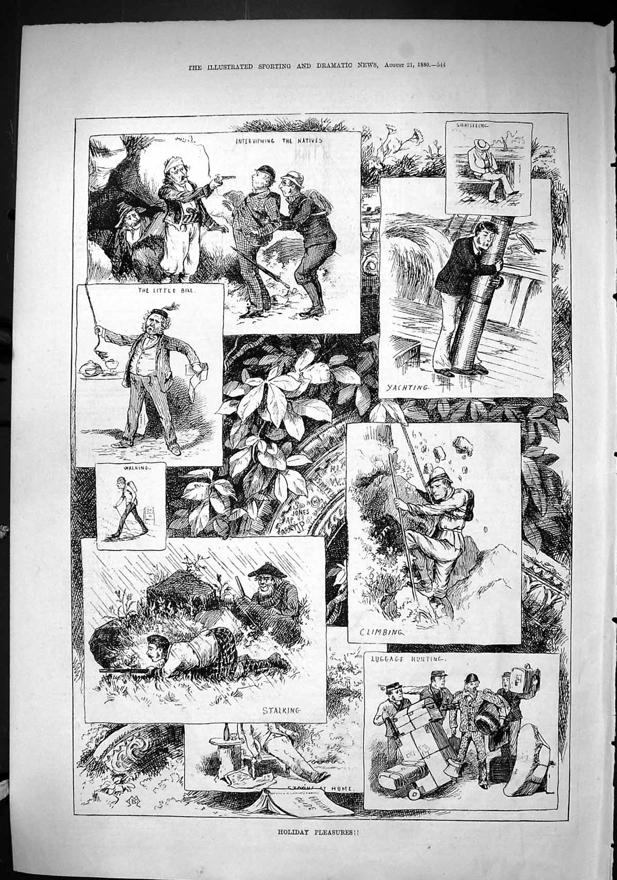 Old Sporting Dramatic News 1880 Holiday Tourists Mountains Yachting H Victorian