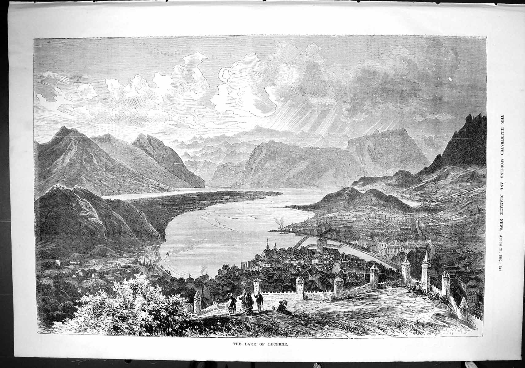 Old Sporting Dramatic News 1880 View Lake Lucerne Mountains Switzerla Victorian