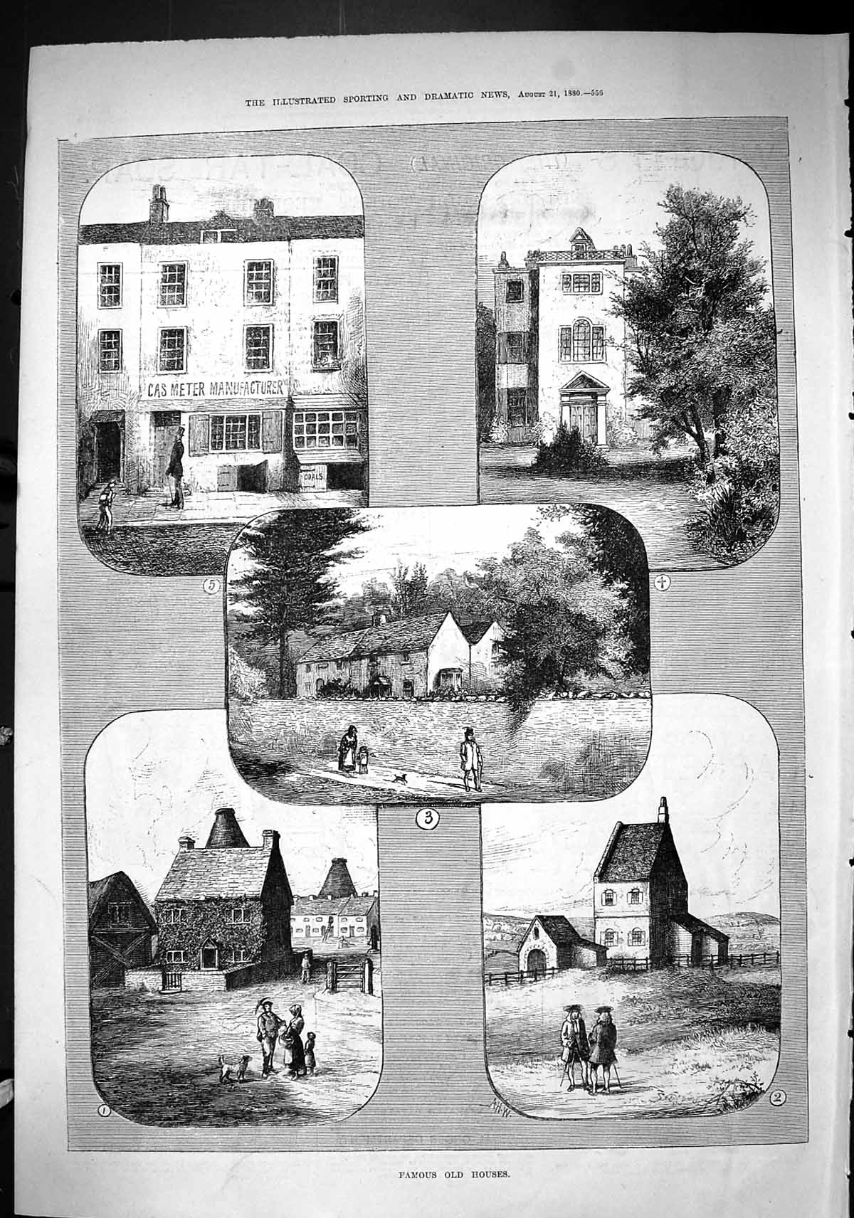 Antique Print Sporting Dramatic News 1880 Famous Houses Gas Meter Manufactu