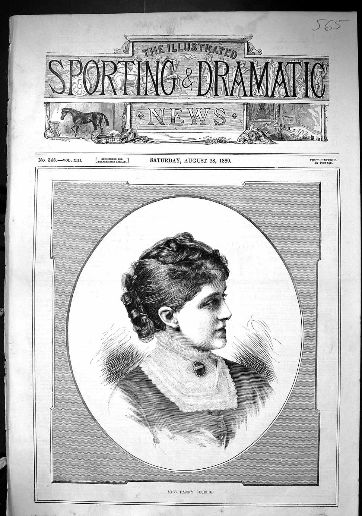 Antique Print Sporting Dramatic News 1880 Portrait Miss Fanny Josephs Lady 19th
