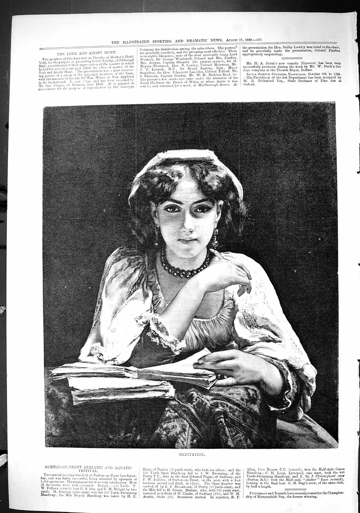 Old Print Sporting Dramatic News 1880 Portrait Beautiful Girl Meditation 19th