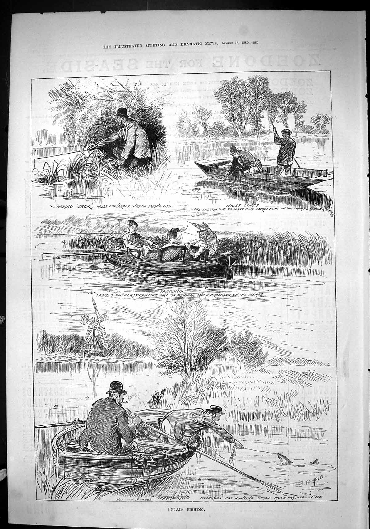 Old Sporting Dramatic News 1880 Fishing River Boats Trimmering Thames Victorian