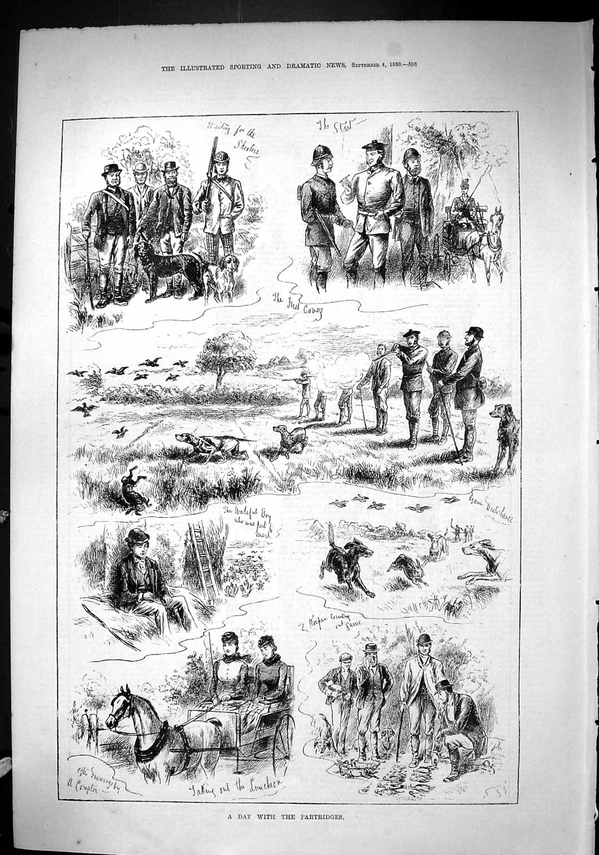 Old Sporting Dramatic News 1880 Patridges Hunting Shooting Hares Houn Victorian