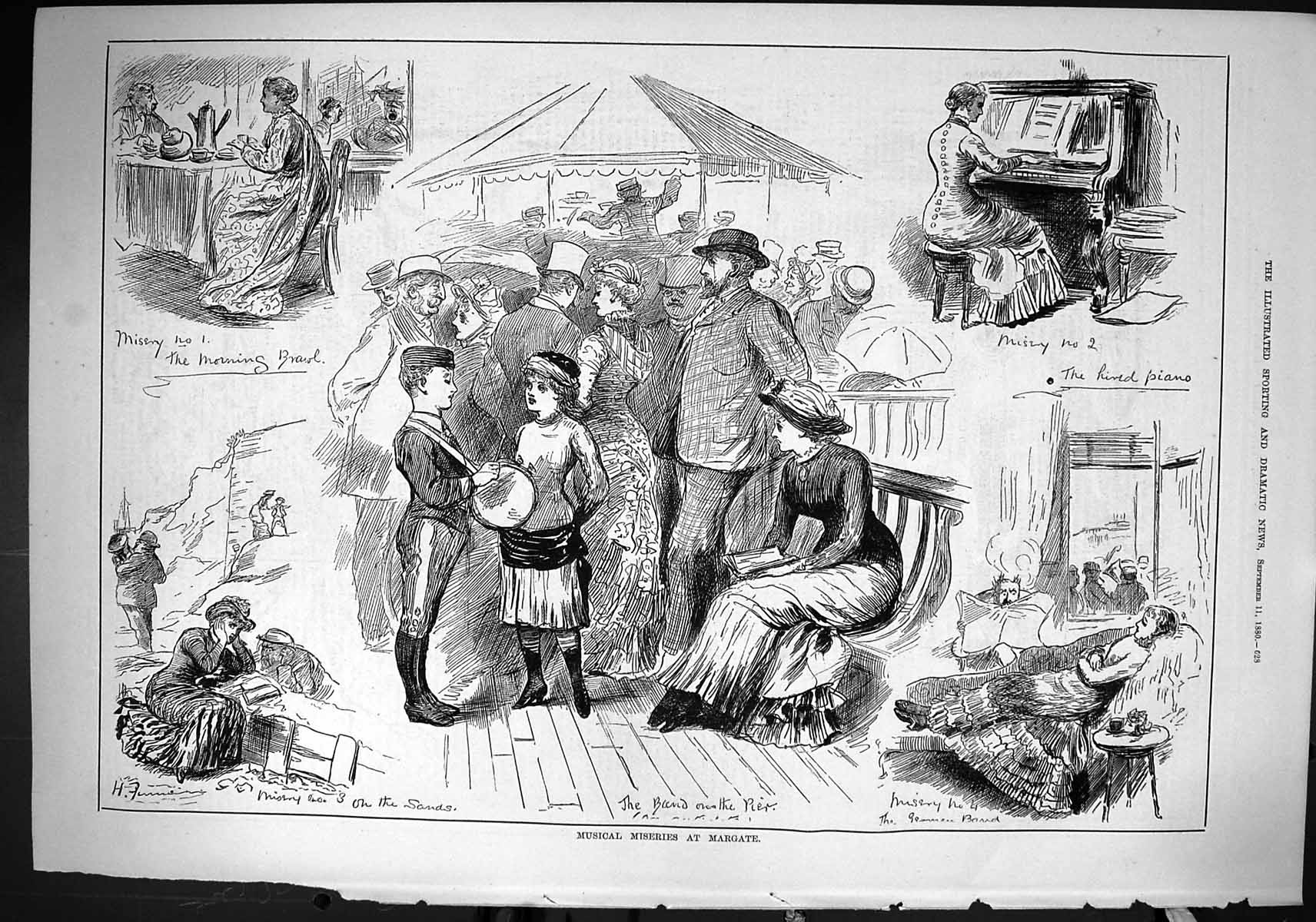 Old Sporting Dramatic News 1880 Musical Miseries Margate Piano Beach Victorian