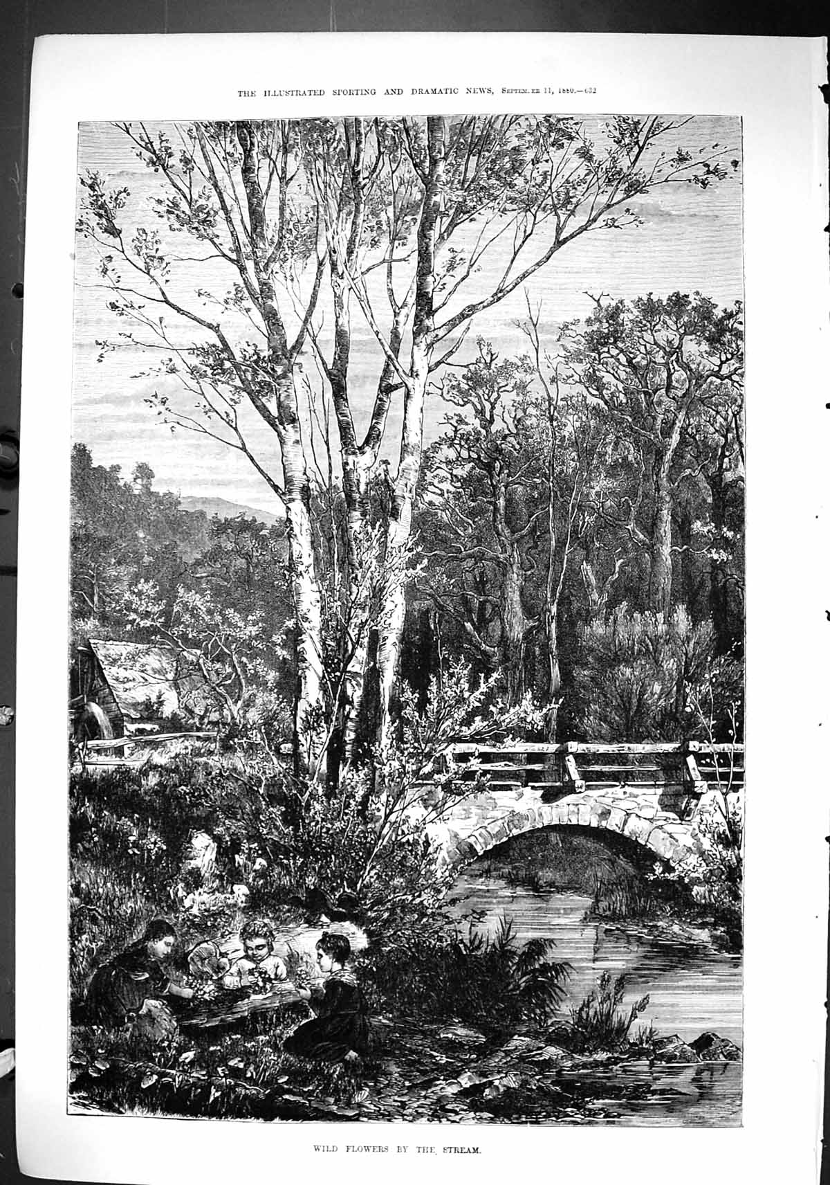 Old Sporting Dramatic News 1880 Wild Flowers Stream Children Bridge F Victorian