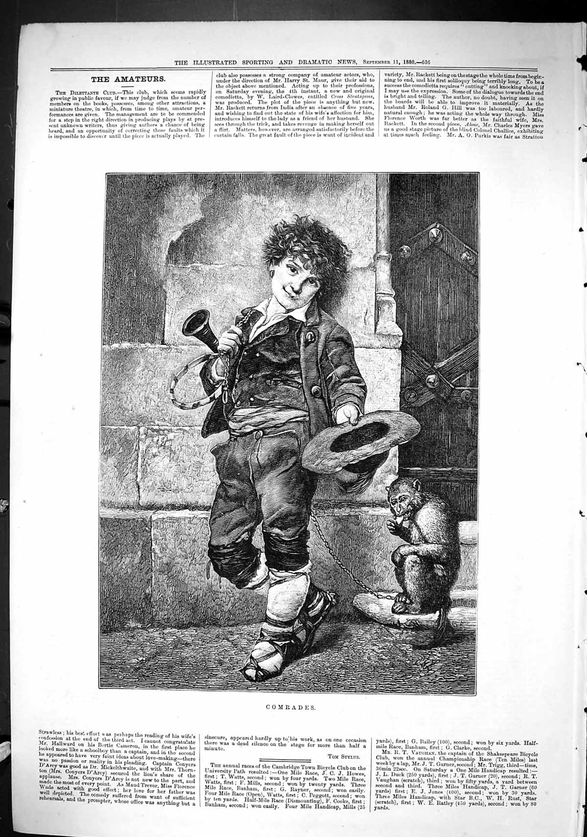 Old Sporting Dramatic News 1880 Comrades Young Boy Pet Monkey Enterta Victorian