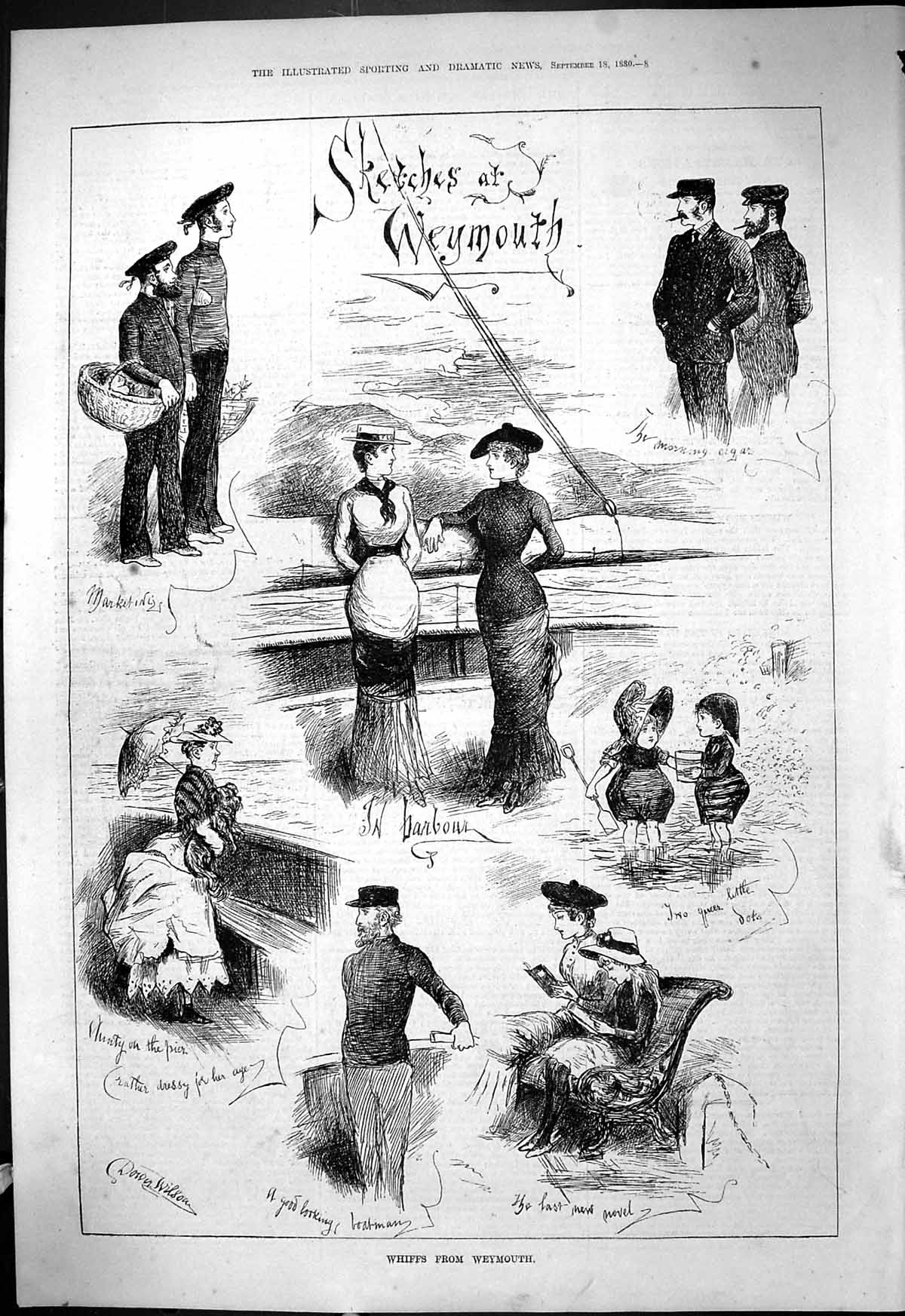 Original Old Antique Print 1880 Sketches Weymouth Whiffs Boats Sailors Boatman