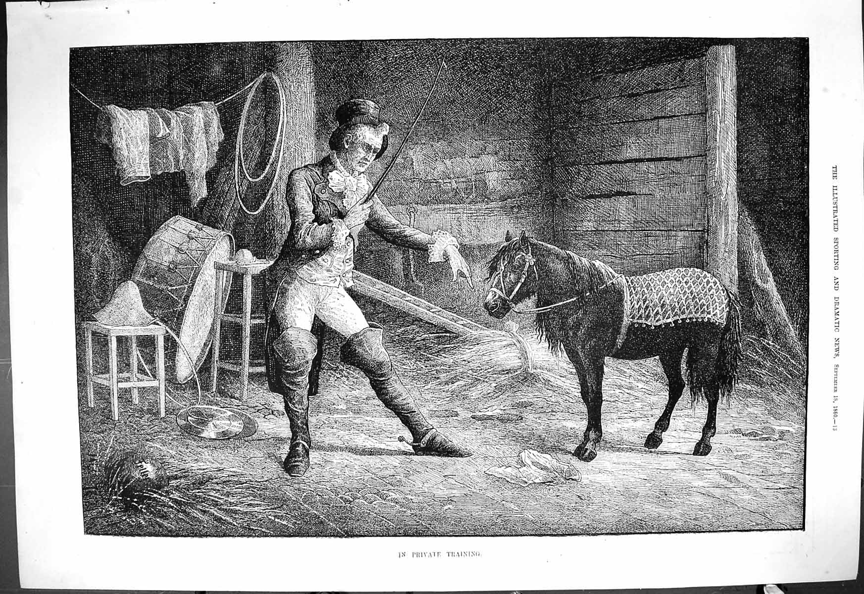 Original Old Antique Print 1880 Private Training Man Stable Little Pony Horse