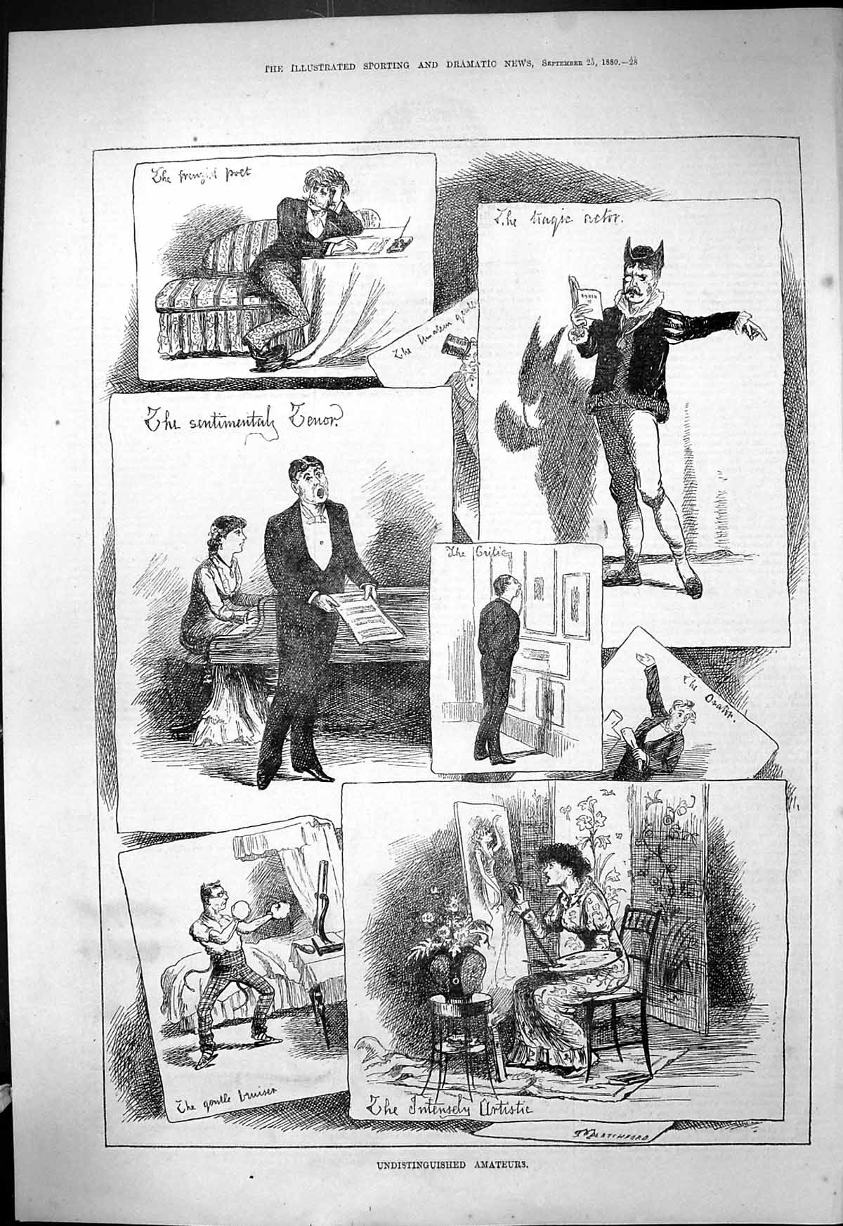 Antique Old Print 1880 Amateurs Acting Tenor Singer Lady Artist Boxing Poet