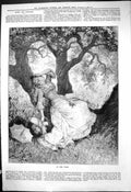 Original Old Antique Print 1880 Lady In The Wood Lying On A Tree Parasol 19th