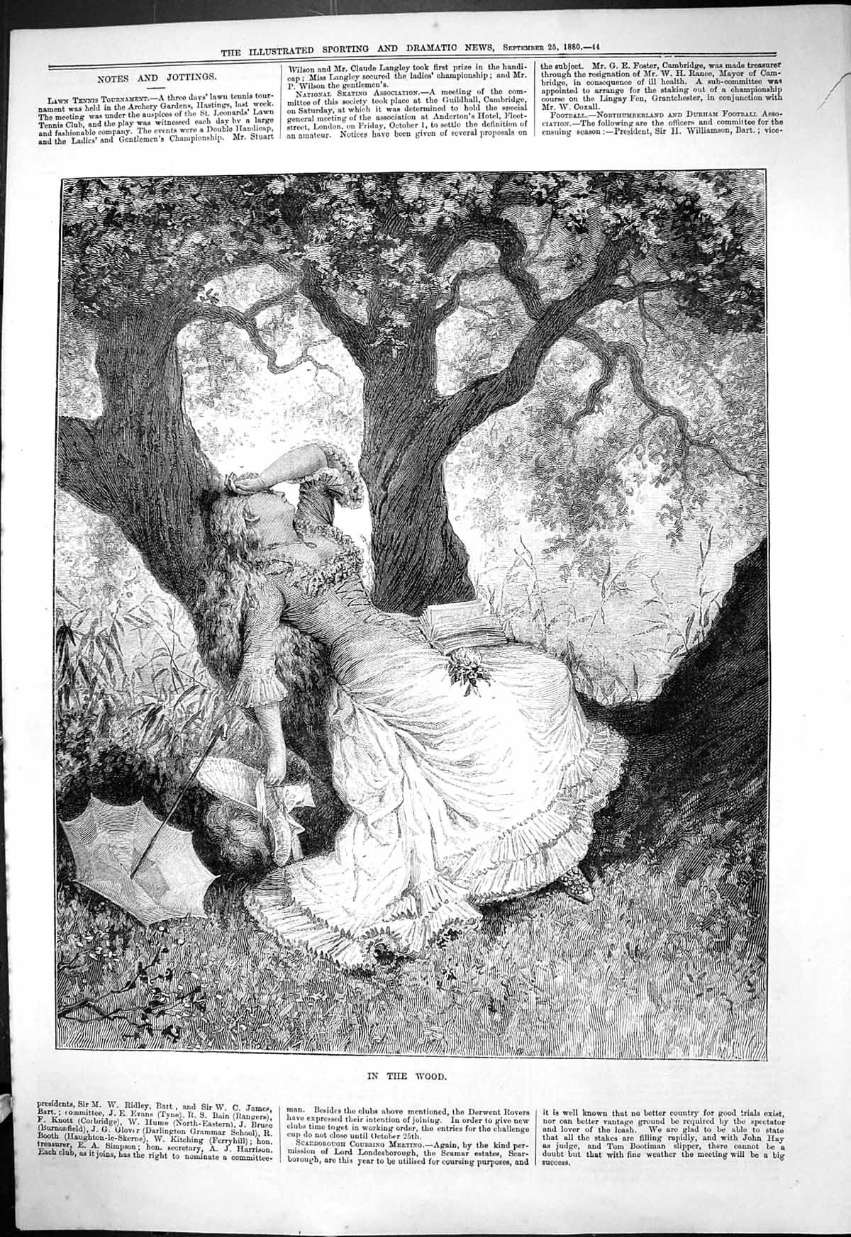 Original Old Antique Print 1880 Lady In The Wood Lying On A Tree Parasol 19th