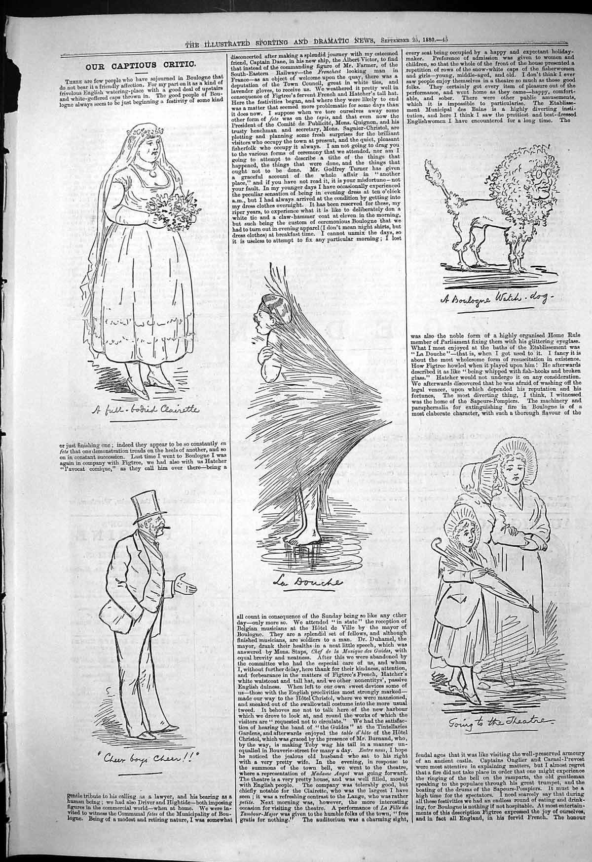 Original Old Antique Print 1880 Captious Critic Theatre Boulogne Watch Dog 19th