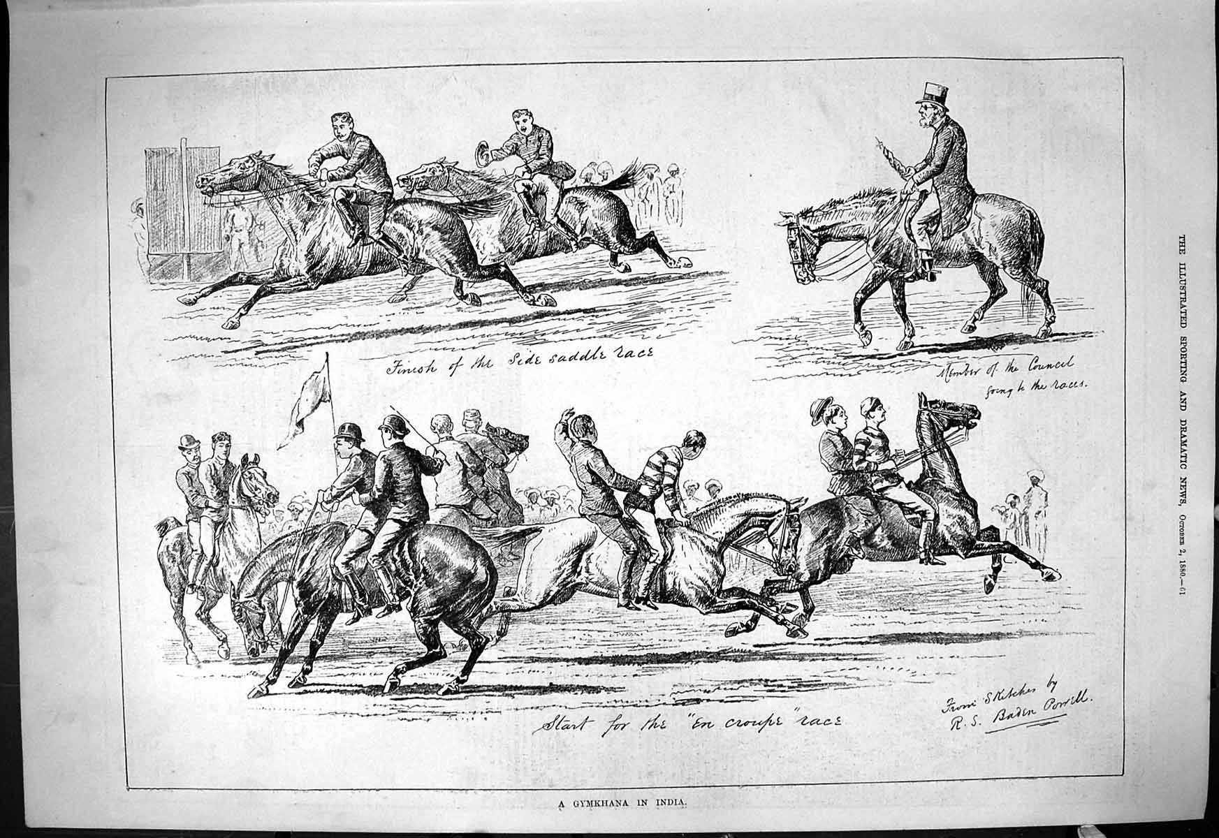 Original Old Antique Print 1880 Gymkhana India Horses Sort Side Saddle Race