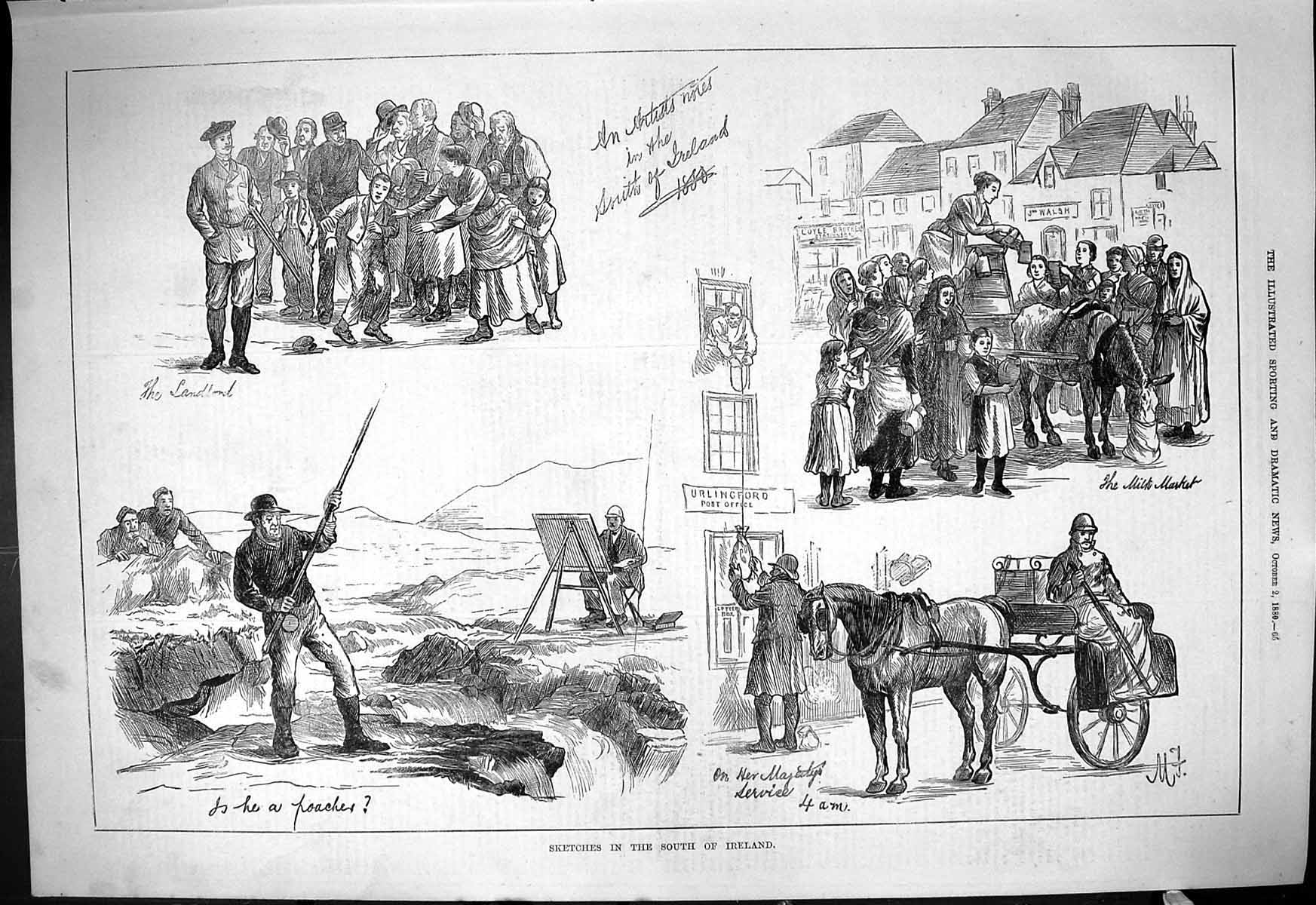 Old 1880 Sketches South Ireland Milk Market Man Fishing River Artist Victorian