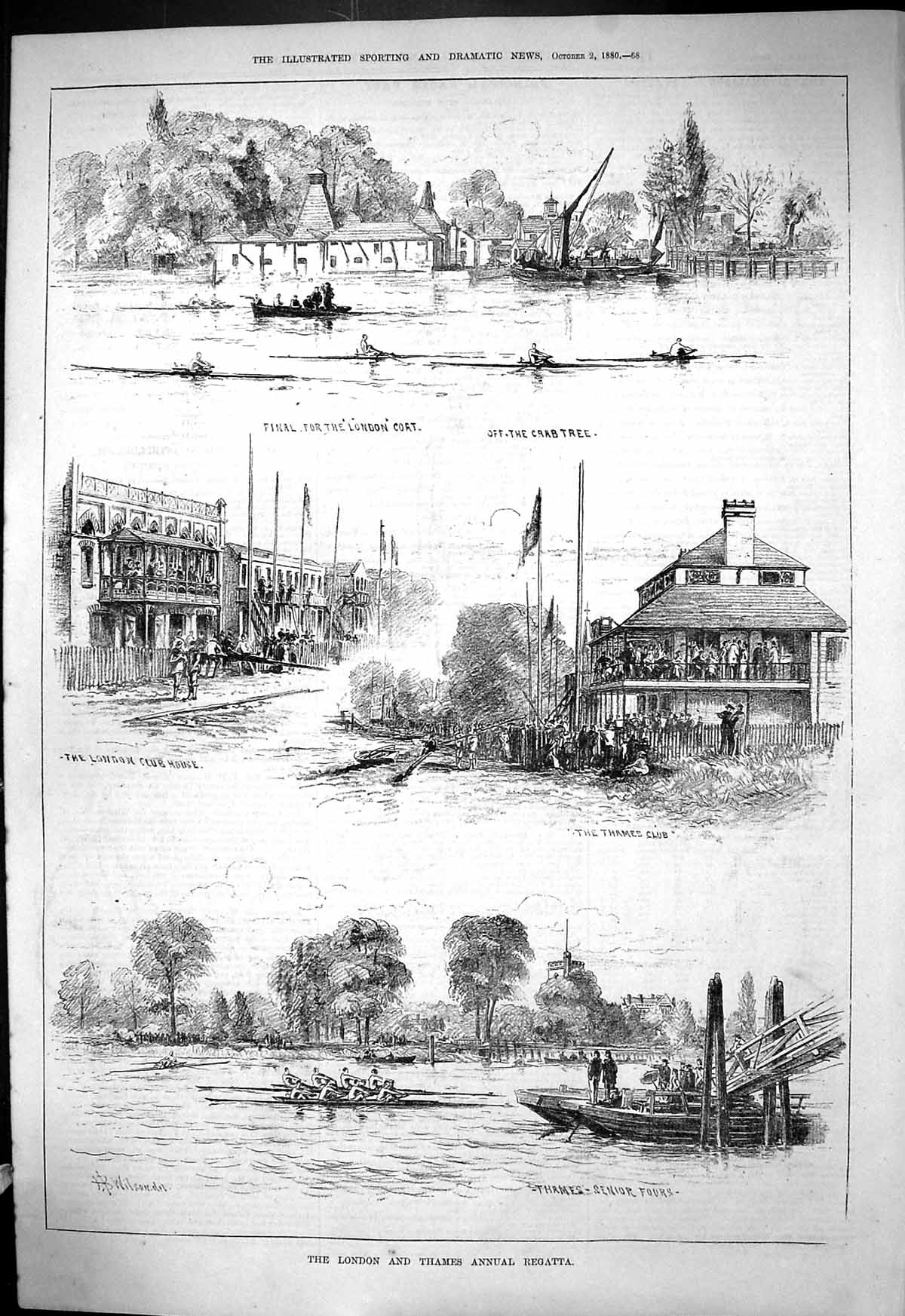 Antique Old Print 1880 London Thames Annual Regatta Crabtree Club House Sport