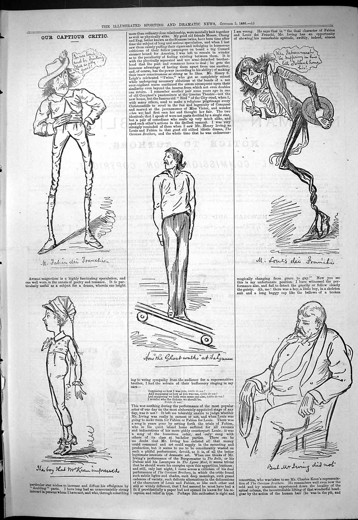Old Antique Print 1880 Captious Critic Theatre Irving Lyceum Kean Louis 19th