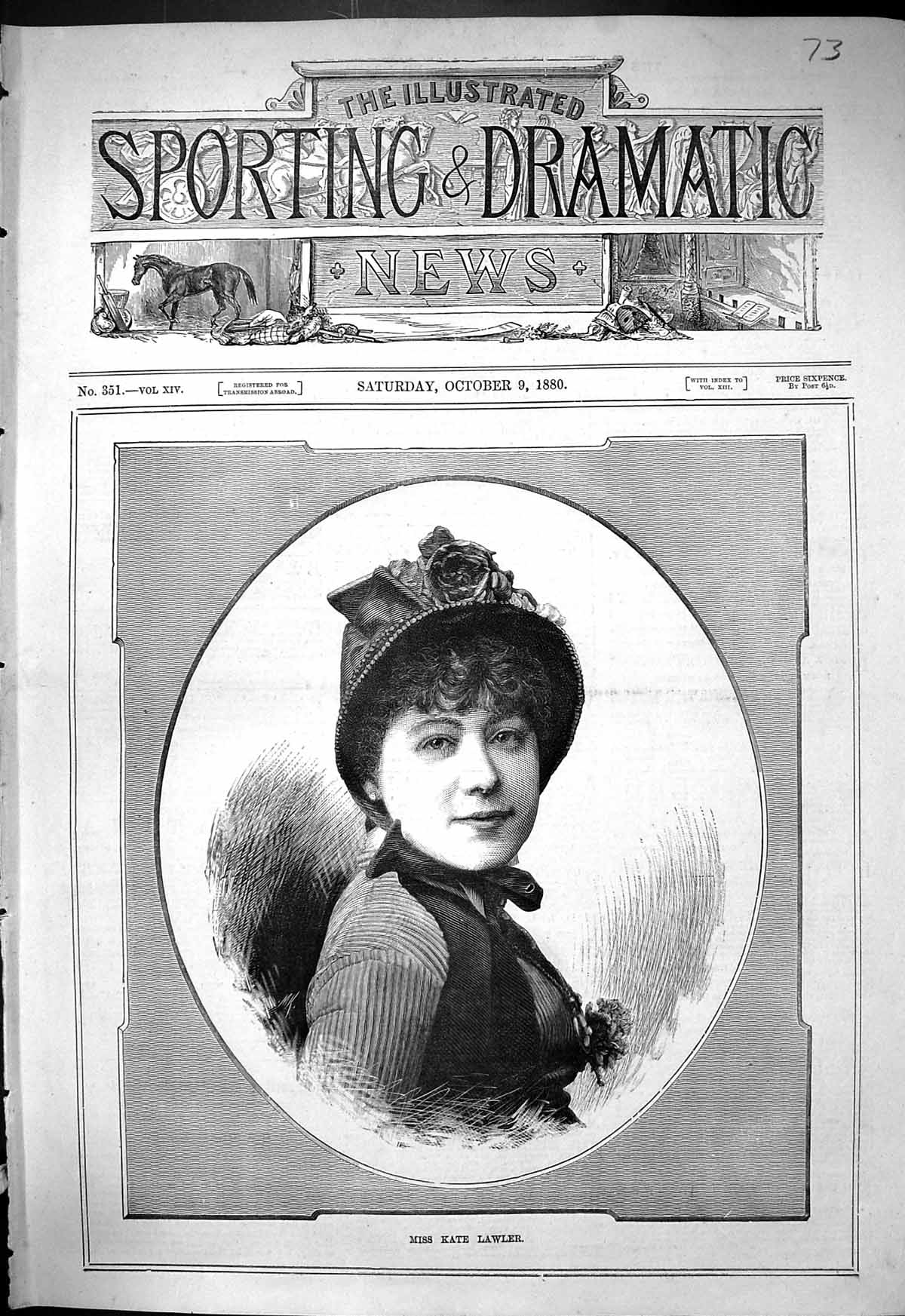 Original Old Antique Print 1880 Portrait Miss Kate Lawler Beautiful Woman 19th