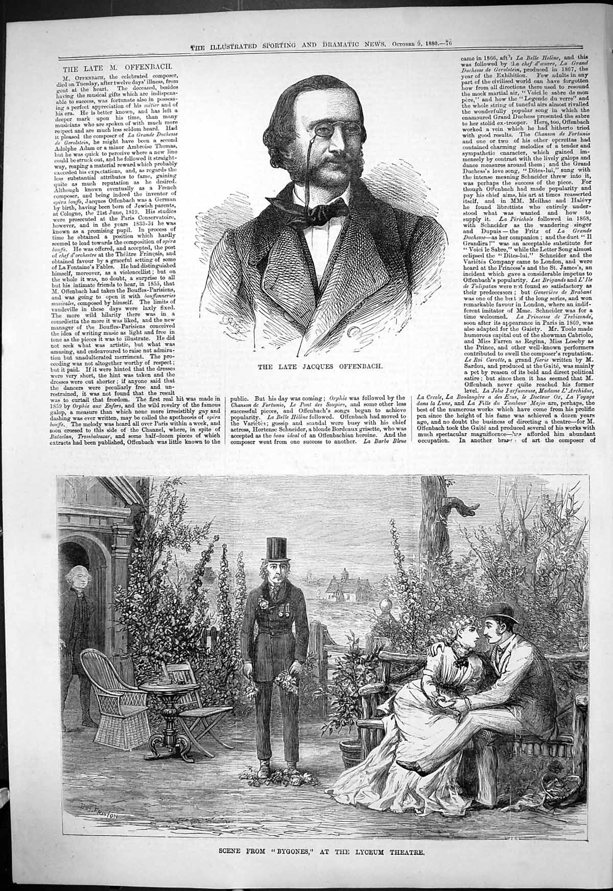 Antique Old Print 1880 Portrait Jaques Offenbach Scene Bygones Lyceum Theatre