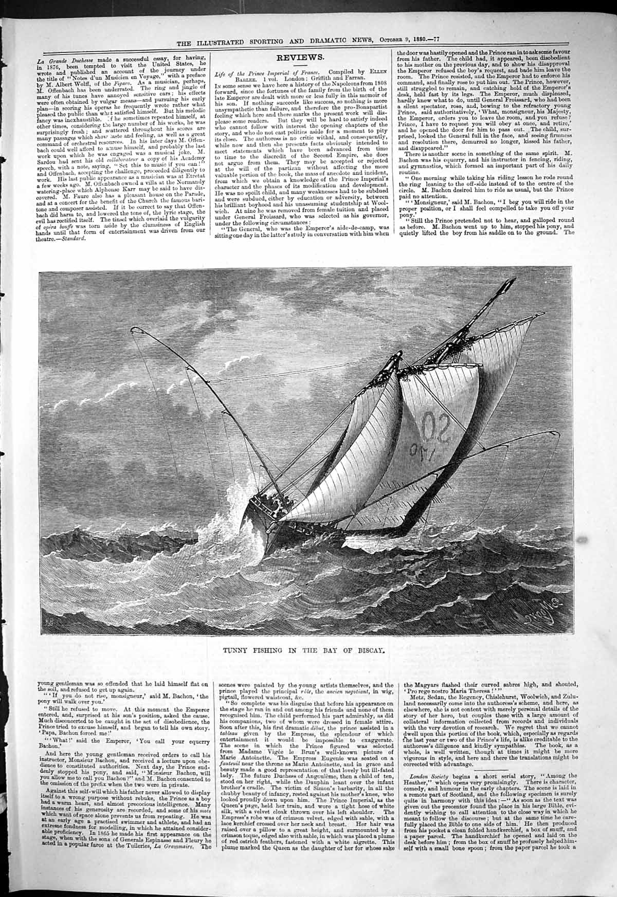 Original Old Antique Print 1880 Tunny Fishing Bay Biscay Boat Sea Scene 19th