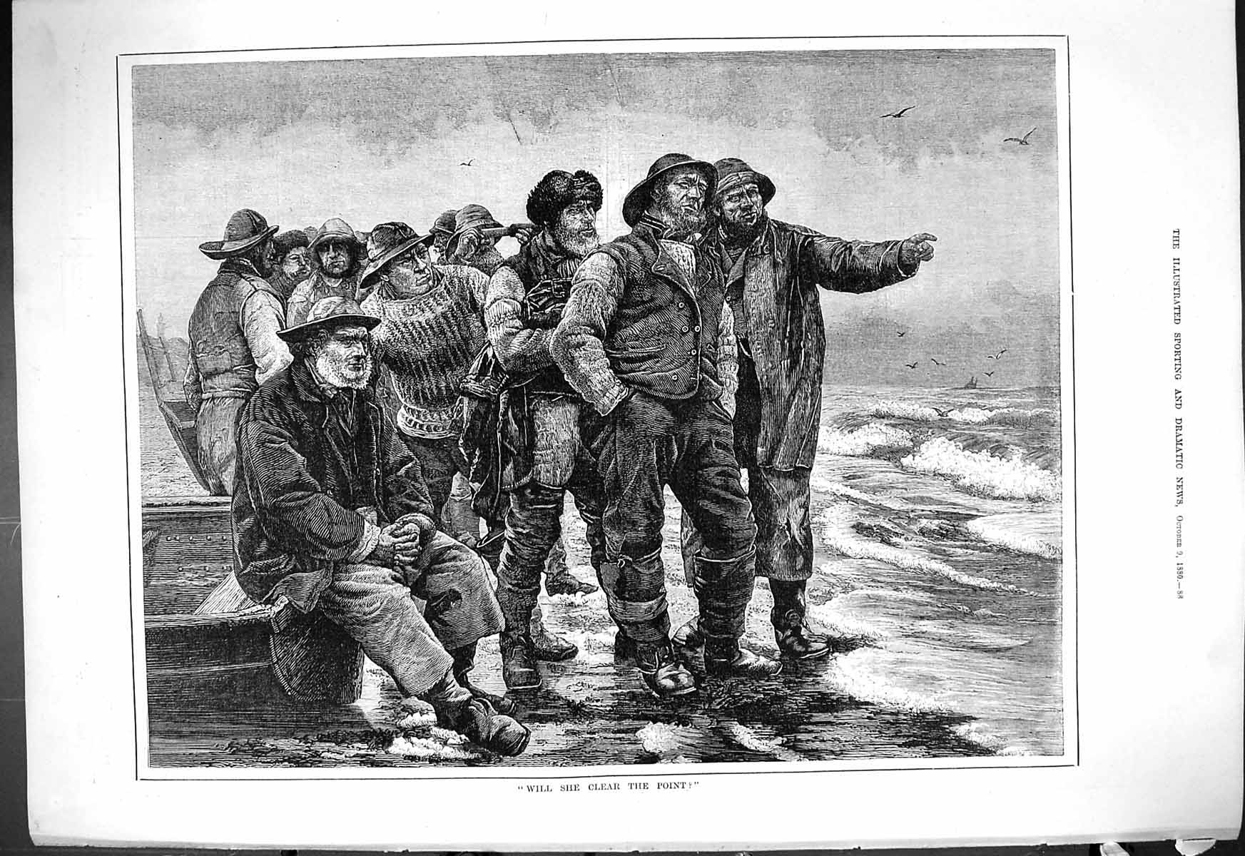Old 1880 Will She Clear The Point Fisherman Standing Beach Shore Scen Victorian