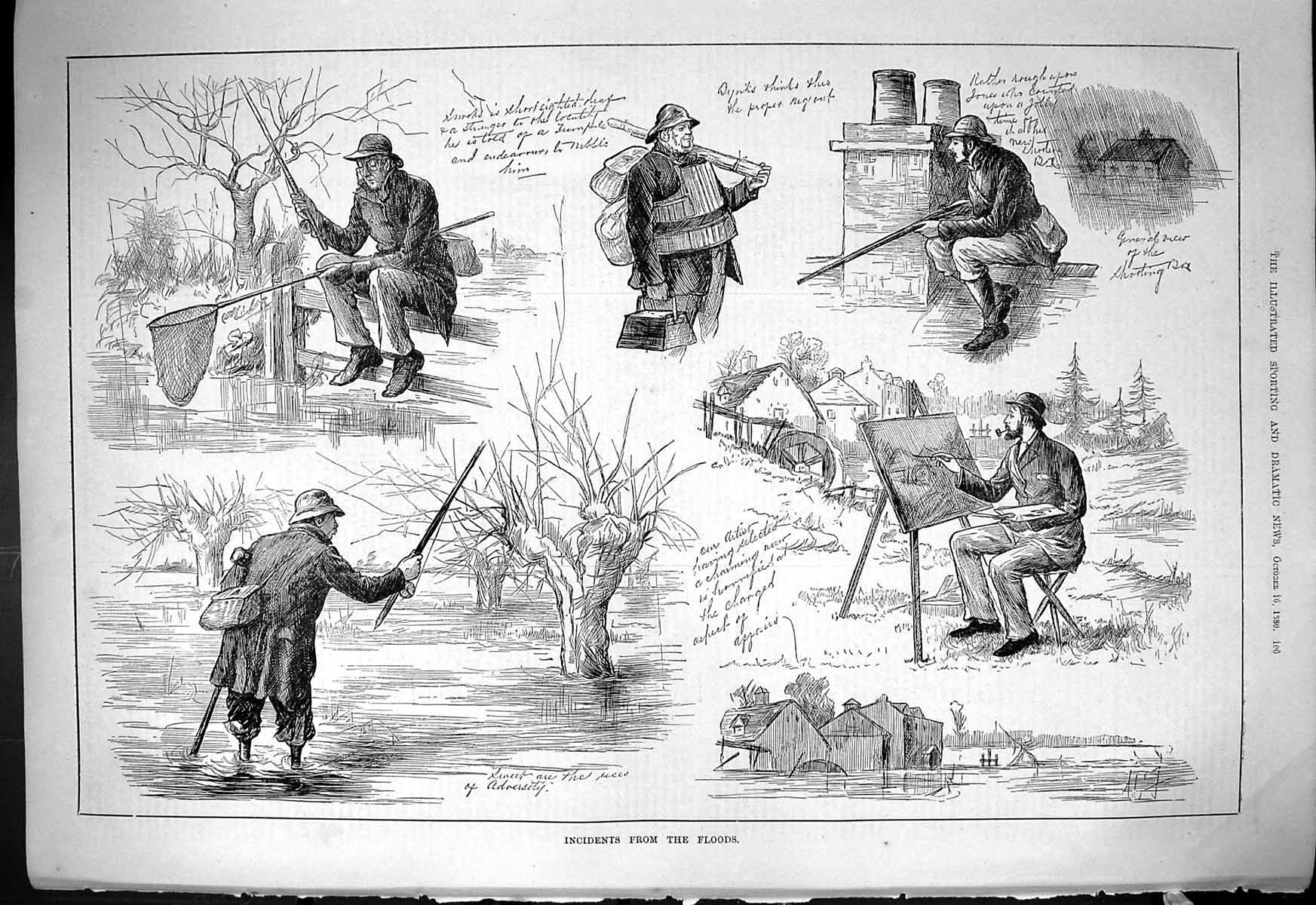 Original Old Antique Print 1880 River Floods Man Fishing Net Artist Painting