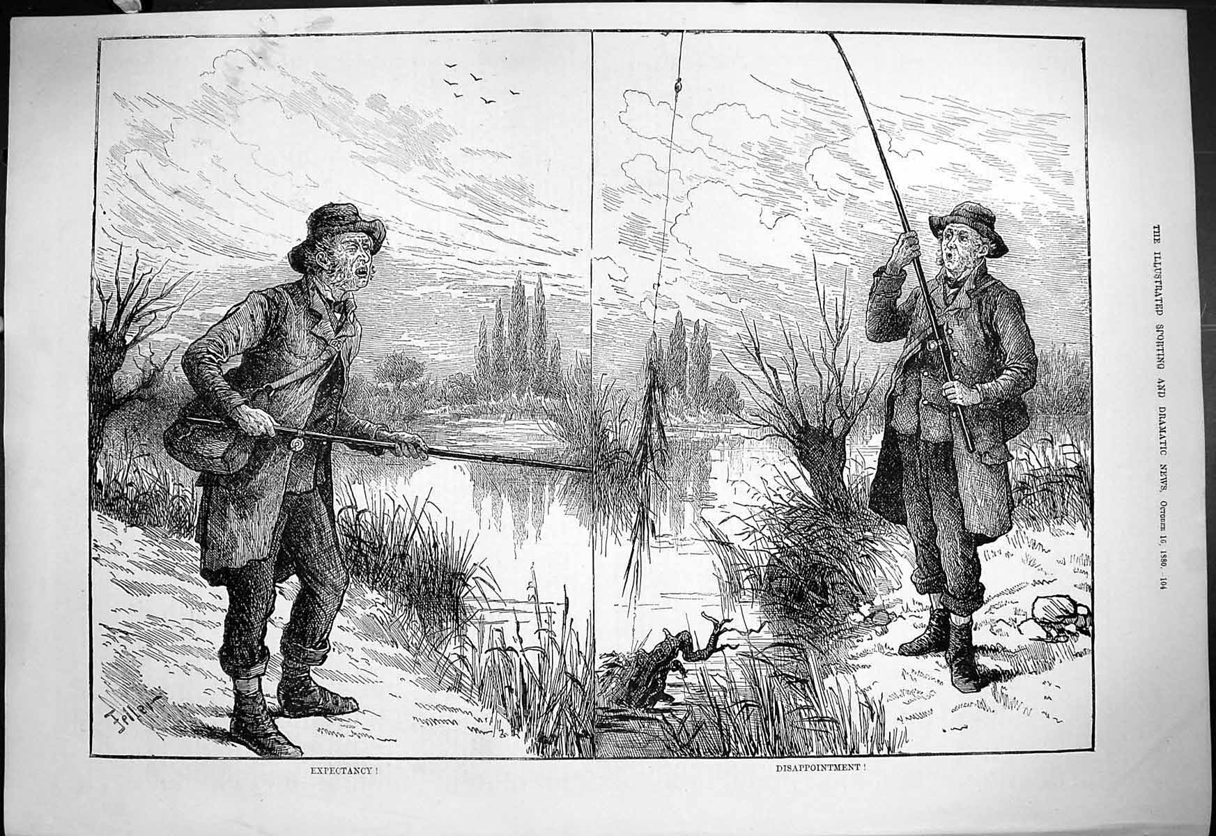 Old 1880 Fishing River Scene Expectancy Disappointment Angler Fisherm Victorian
