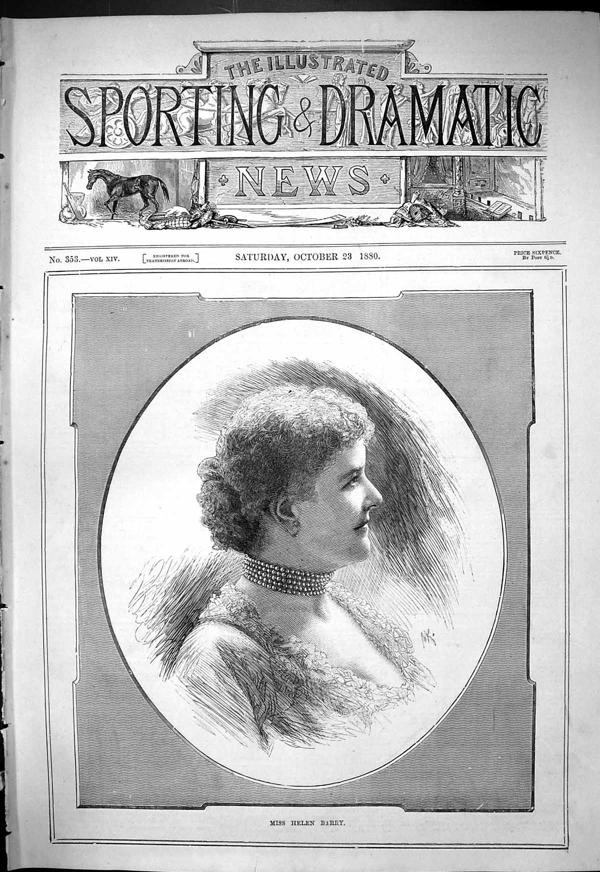 Original Old Antique Print 1880 Portrait Miss Helen Barry Beautiful Woman 19th