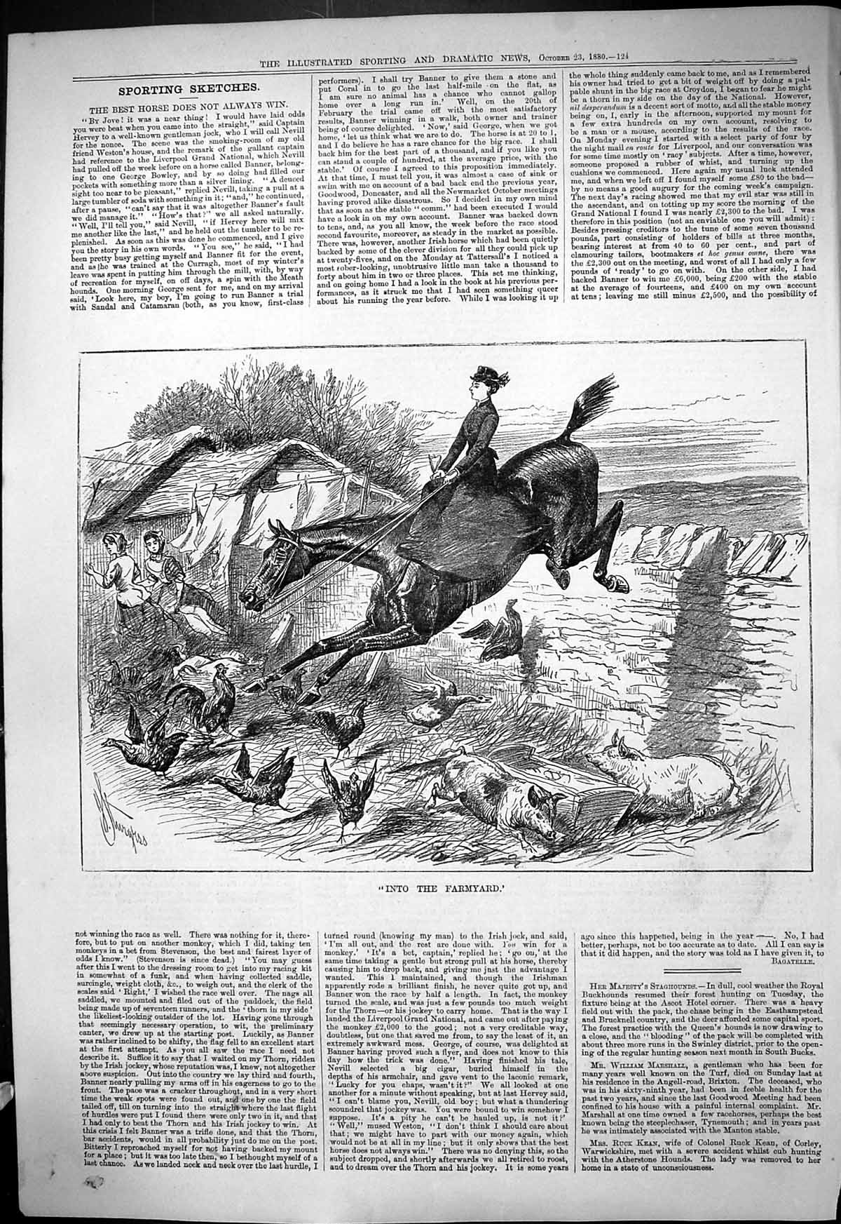 Original Old Antique Print 1880 Lady Hunting Horse Farmyard Wall Chickens 19th