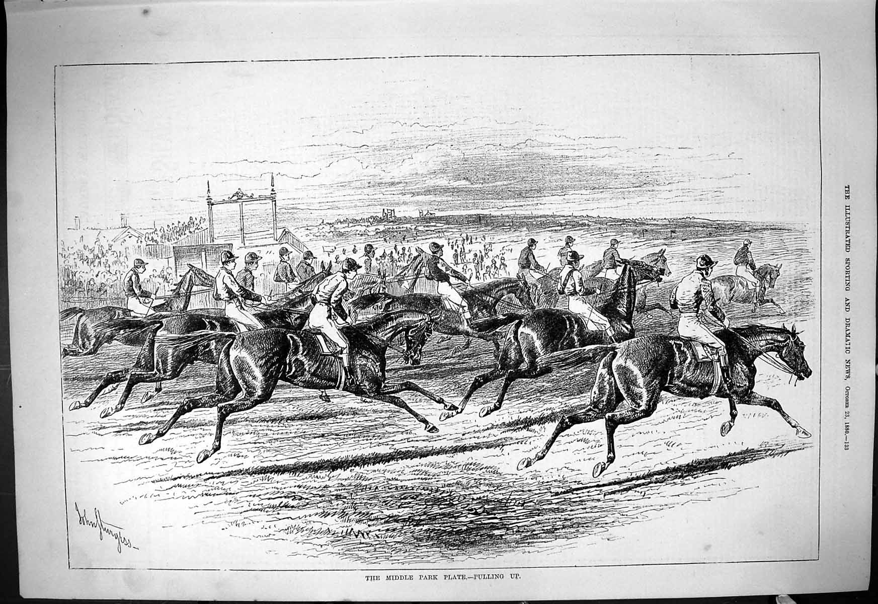 Original Old Antique Print 1880 Middle Park Plate Horse Racing Jockeys Sport