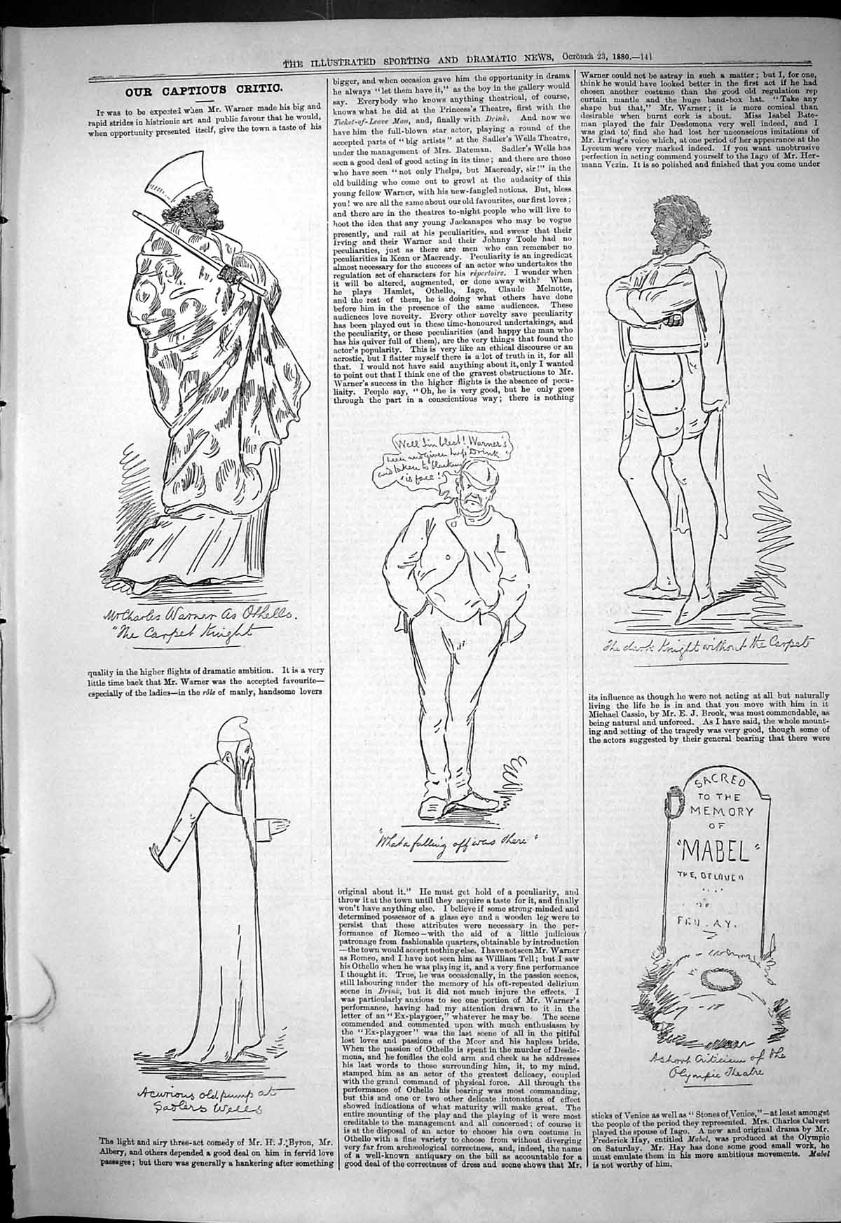 Old 1880 Captious Critic Theatre Charles Warner Othello Grave Male Ol Victorian