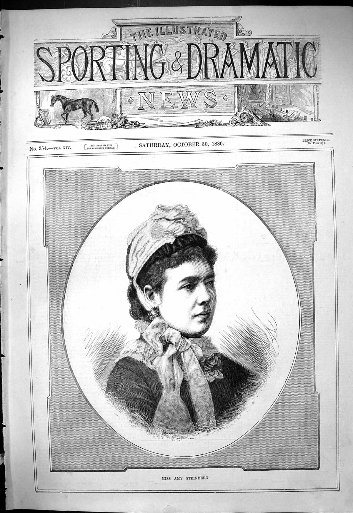 Original Old Antique Print 1880 Portrait Miss Amy Steinberg Beautiful Woman