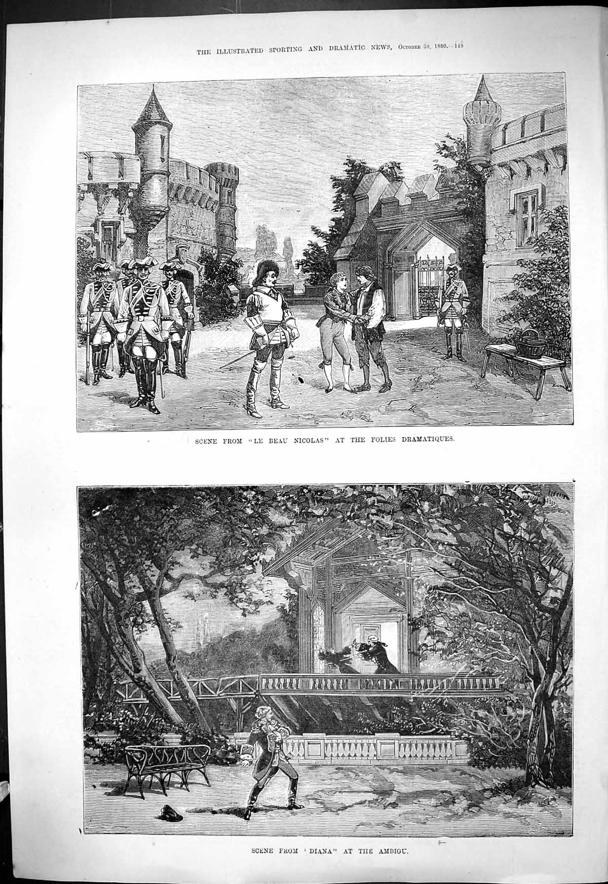 Old 1880 Scene Le Beau Nicolas Folies Dramatiques Diana Ambigu Theatr Victorian