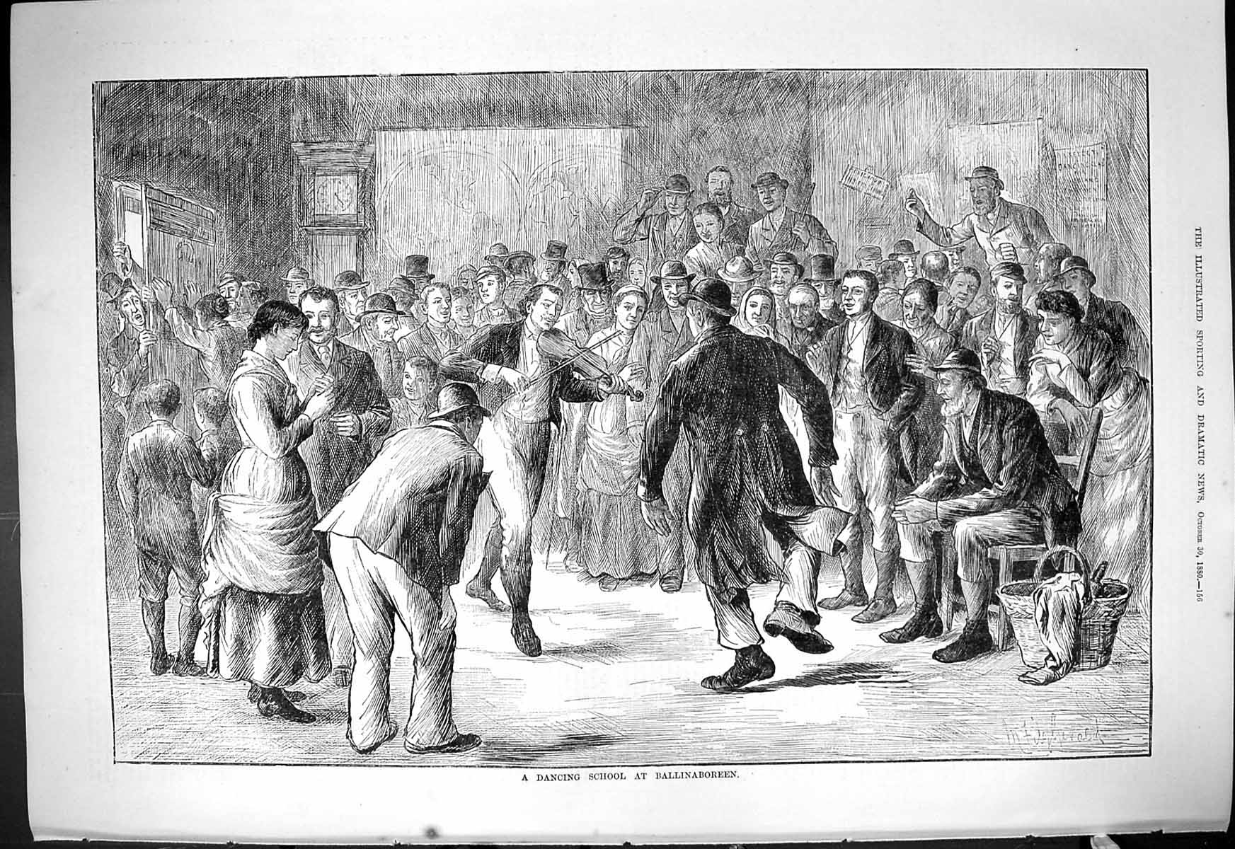 Old Antique Print 1880 Dancing School Ballinaboreen Music Entertainment 19th