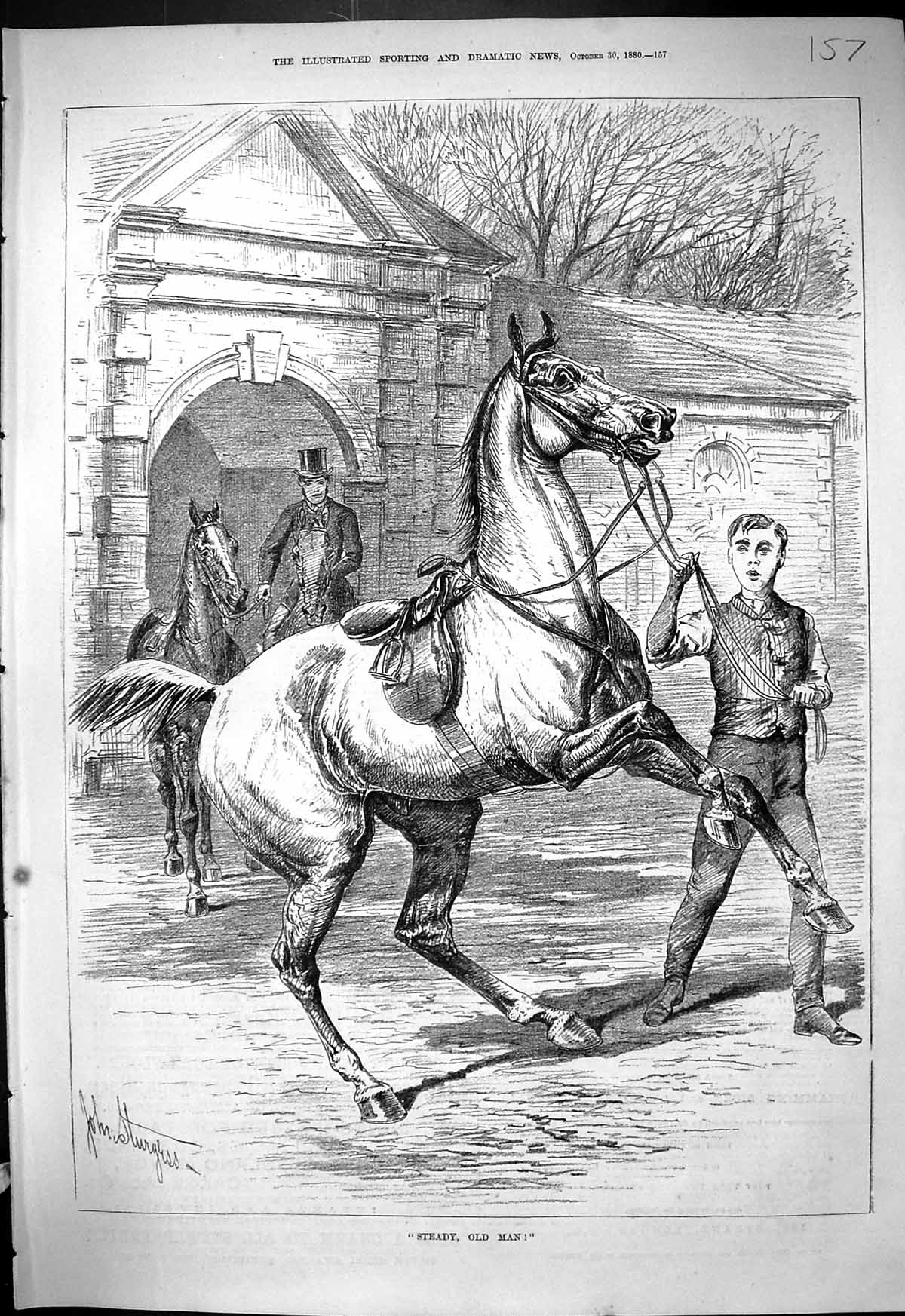 Original Old Antique Print 1880 Steady Man Sturgess Frightened Horse Stable Boy