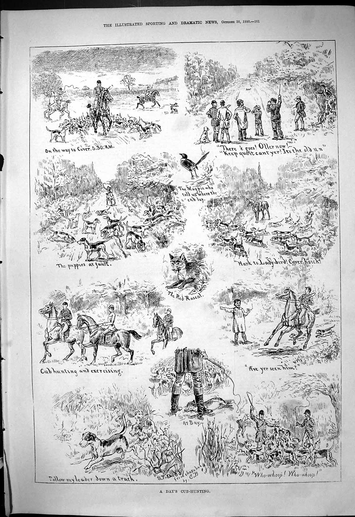 Old 1880 Fox Cub Hunting Magpie Bird Horses Huntsmen Hounds Dogs Spor Victorian