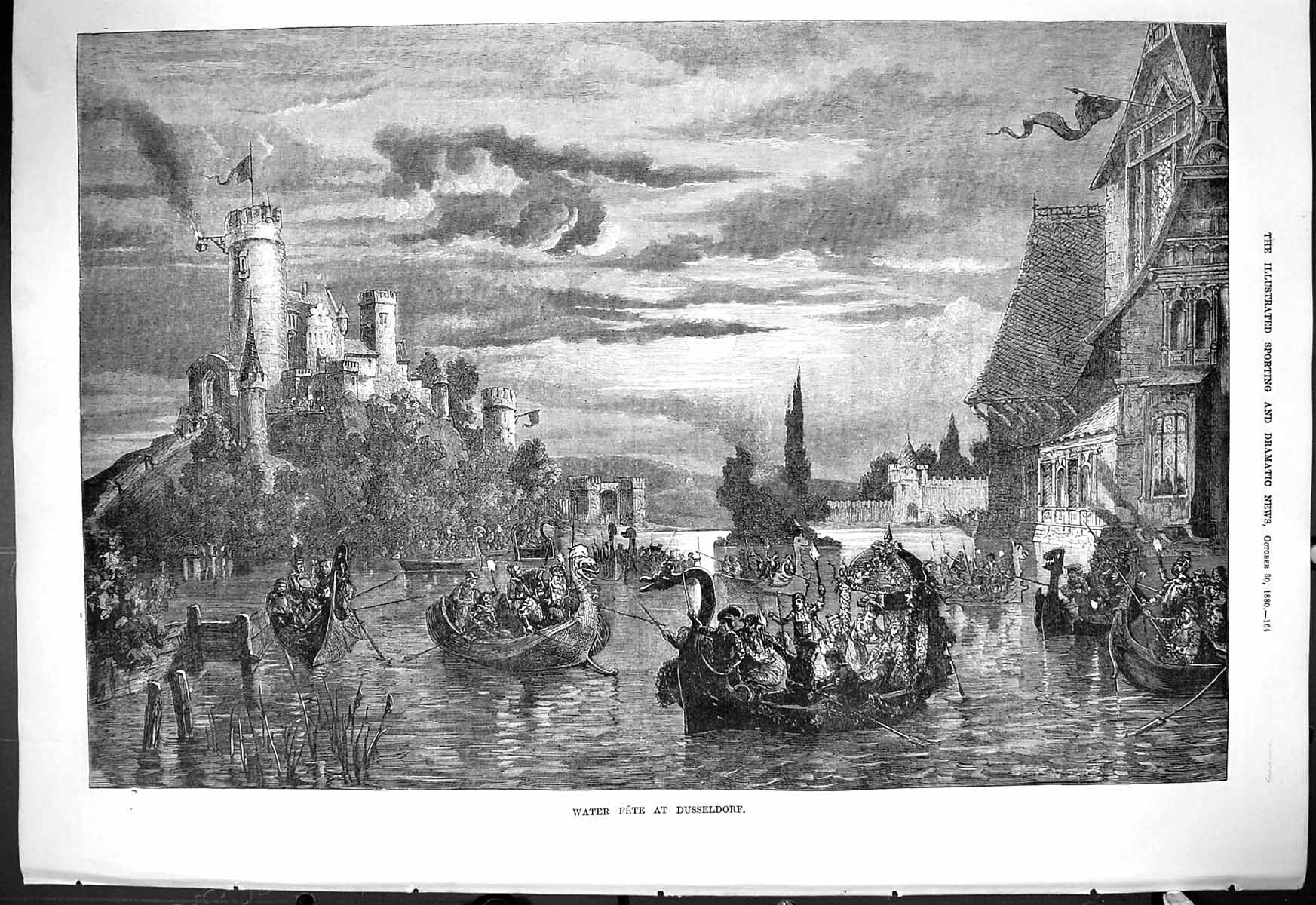 Old 1880 Water Fete Dusseldorf Germany Boats Architecture Moonlight S Victorian