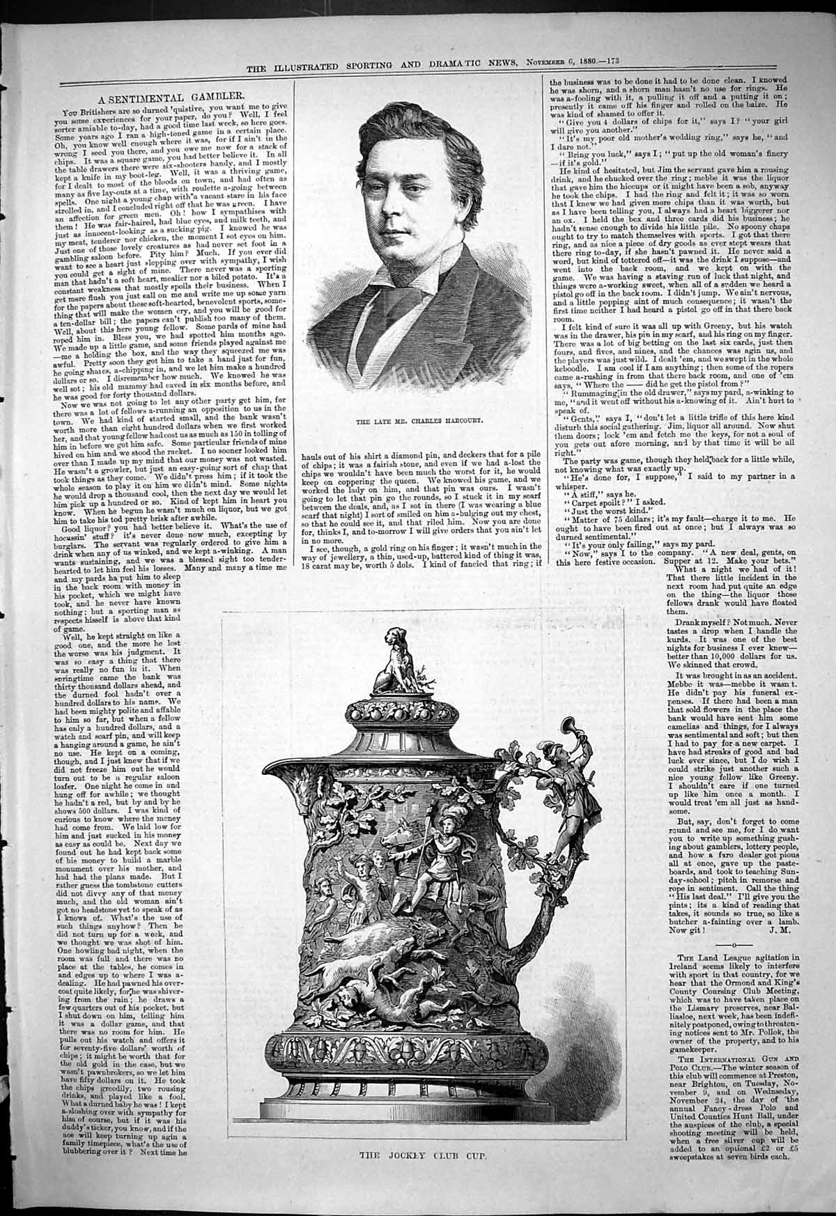 Old Antique Print 1880 Portrait Mr Charles Harcourt Jockey Club Cup Prize 19th