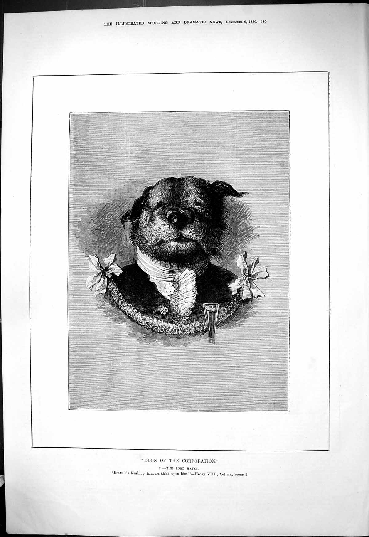 Original Old Antique Print 1880 Dogs Corporation Lord Mayor Theatre Victorian